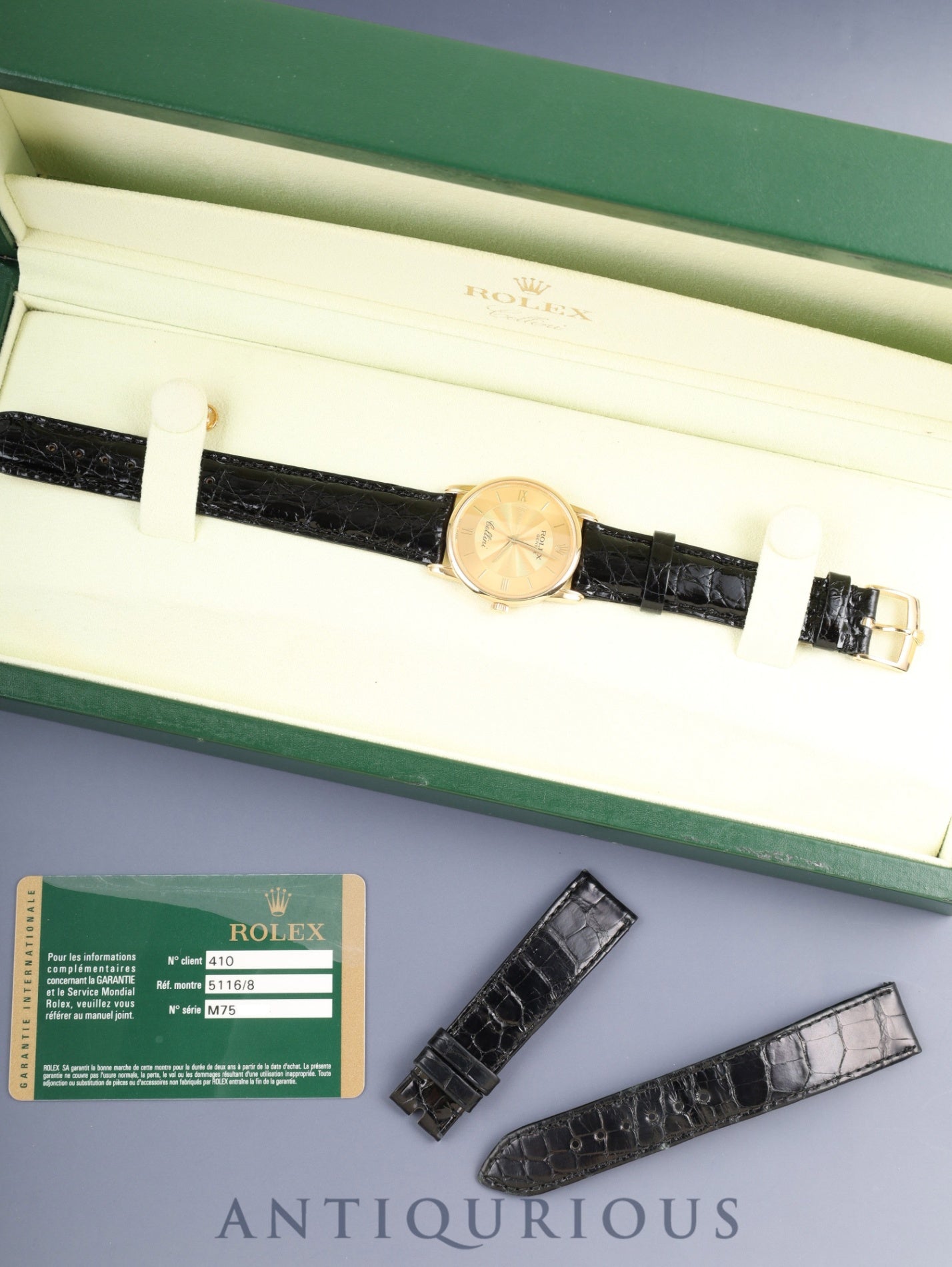 ロレックス チェリーニ 5116/8 手巻き Cal.1602 750YG 革 純正ピンバックル(750)シャンパンギョーシェ文字盤 32mm M番台(2007年~2008年)ケース カードホルダー 冊子 保証書(2008年/個人名修正跡) オーバーホール済み