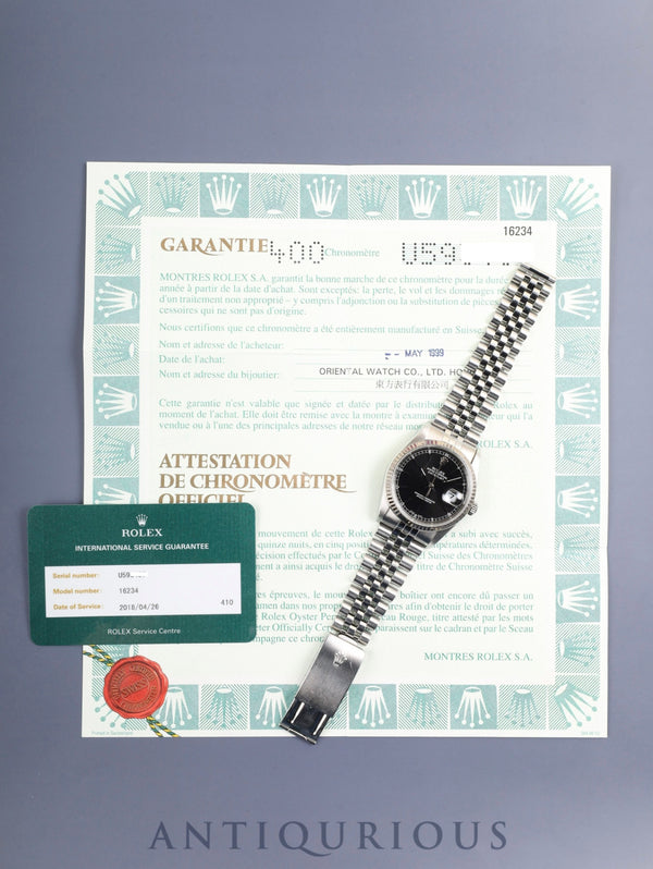 ロレックス デイトジャスト 16234 自動巻き Cal.3135 SS/WG SS ブラック文字盤 U番(1997) 保証書(1999年) 国際サービス保証書(2018年)オーバーホール済み