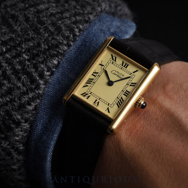 Cartier Must Tank LM 1615 Quartz SV925 Leather Genuine D Buckle (GP) Ivory Roman Dial Box Warranty (1998) Overhauled