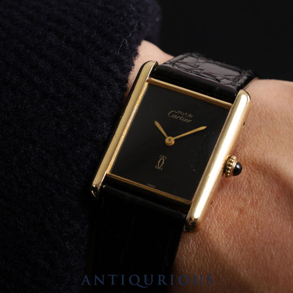 Cartier Must Tank LM Manual winding Cal.78-1 SV925 Leather Genuine buckle Onyx dial Overhauled