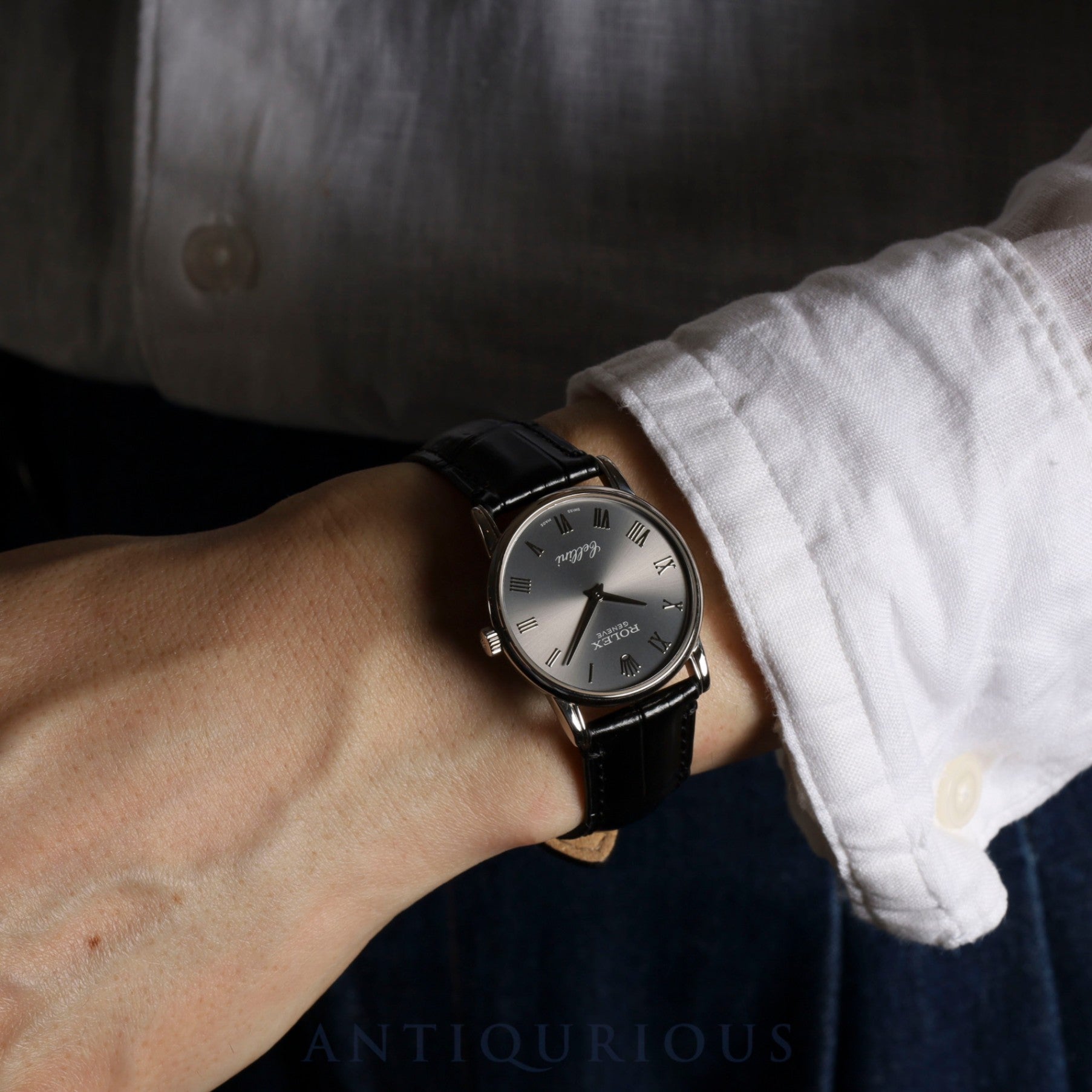 ロレックス チェリーニ 5116/9 手巻き Cal.1602 750 革 純正尾錠(750) グレーローマン文字盤 箱 保証書(2011年) オーバーホール済み