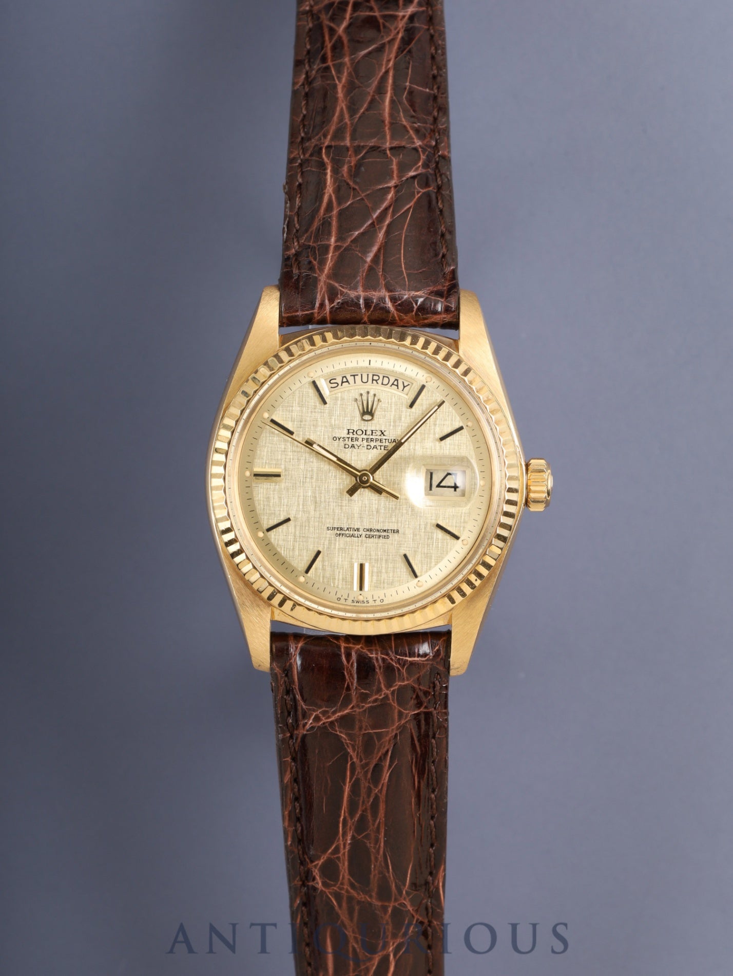 ロレックス デイデイト 1803 自動巻き Cal.1556 750YG 革 純正ピンバックル(GP)シグマダイアル シャンパン文字盤 34番台(1971年)オーバーホール済み