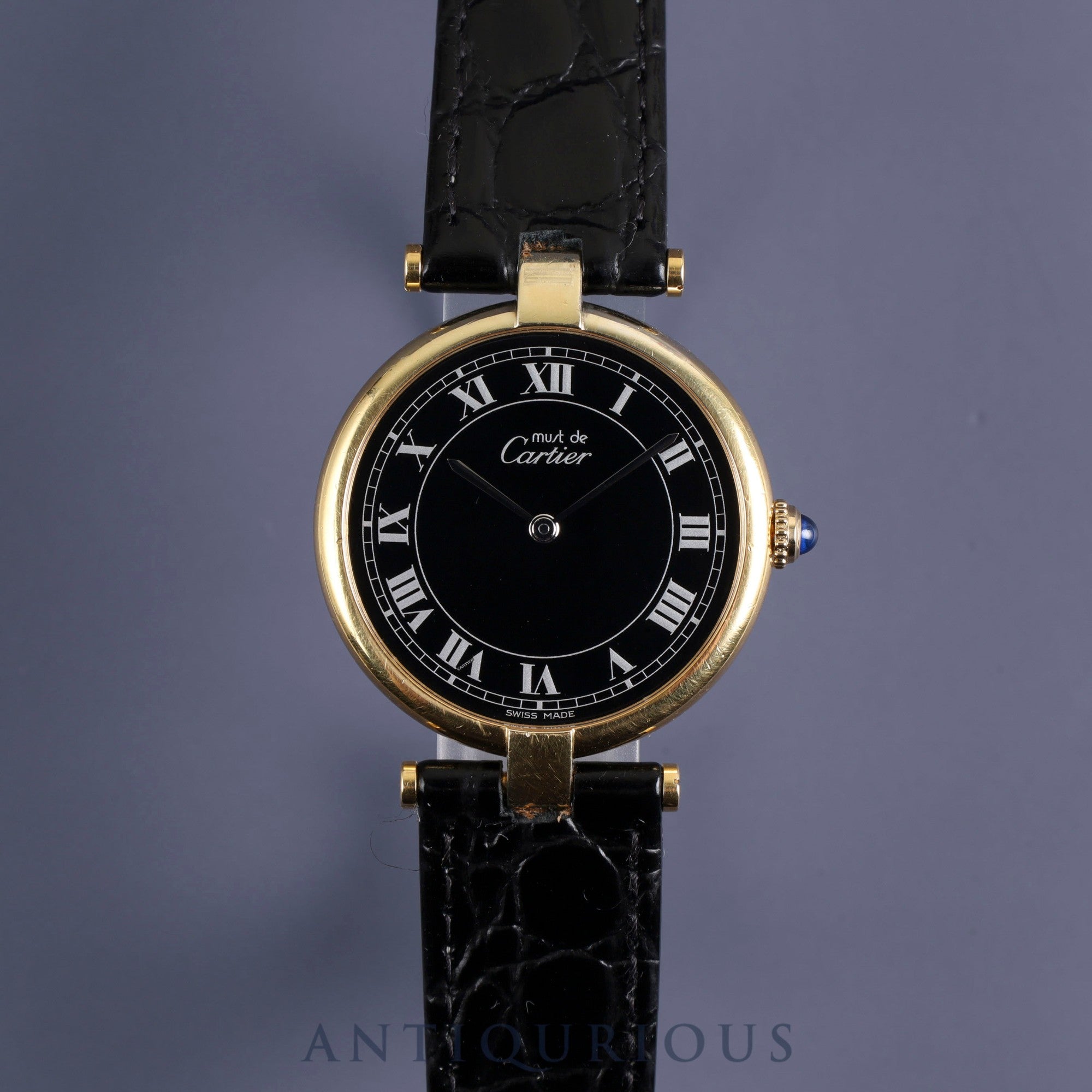 カルティエマスト ヴァンドーム VLC LM 83978913 クォーツ SV925 革 純正尾錠(GP) ブラックローマン文字盤 保証書(1987年) カルティエブティックにてコンプリートサービス(フルメンテナンス)済み
