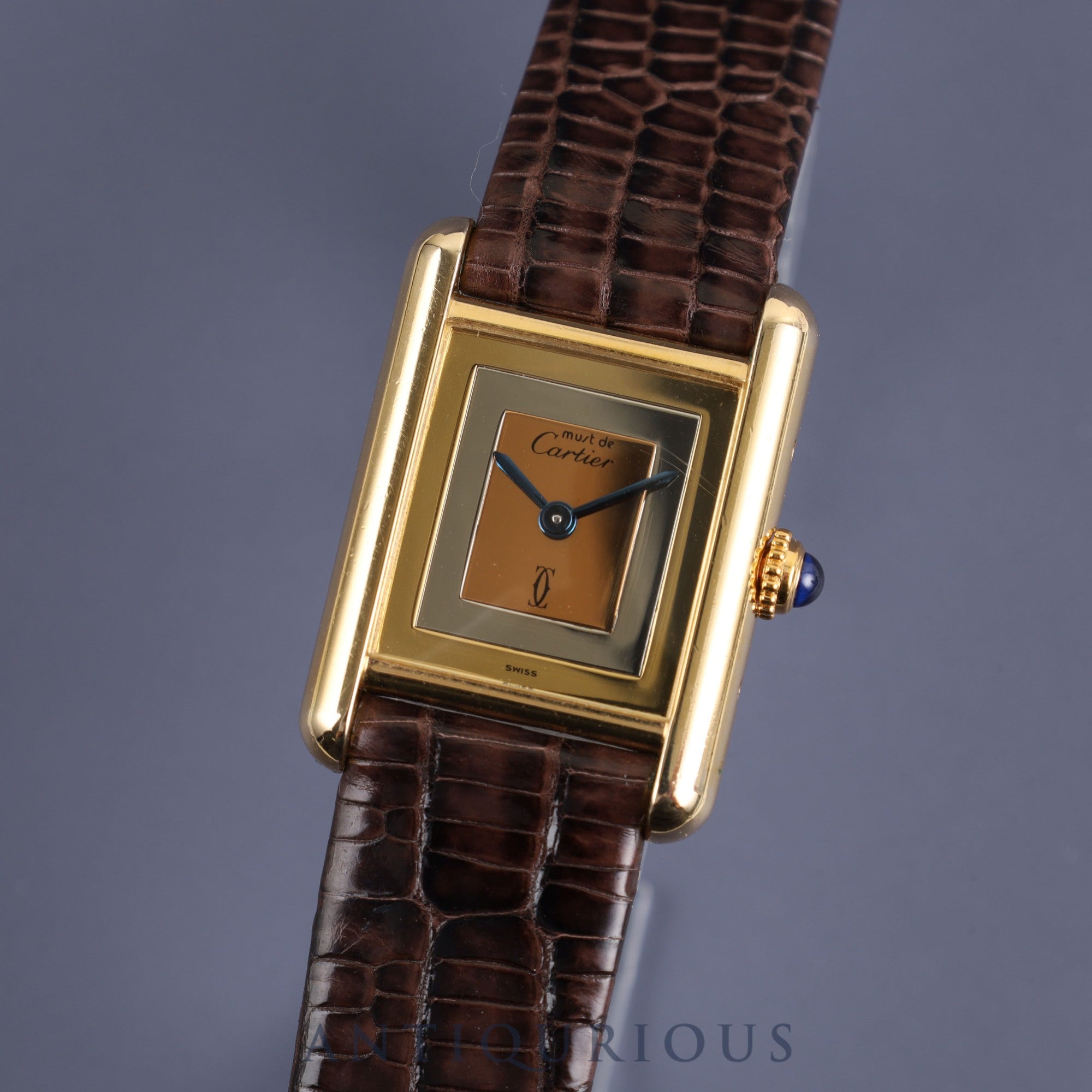 Cartier Must Tank SM 4919123 / 3 66001 Quartz Caliber 057 SV925 Leather Strap with Genuine GP Buckle, Square Trinity Dial, Box, Warranty Card, Overhauled