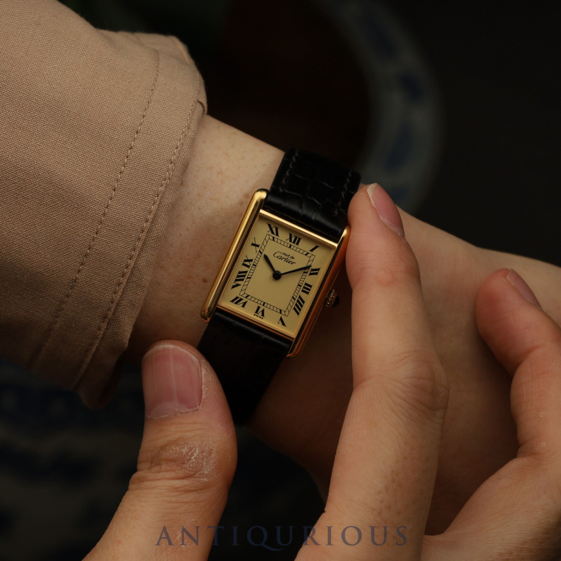 Cartier Must Tank LM Manual Winding SV925 Leather Watch with Genuine GP Buckle Ivory Roman Dial Overhauled and Finished to Look Like New