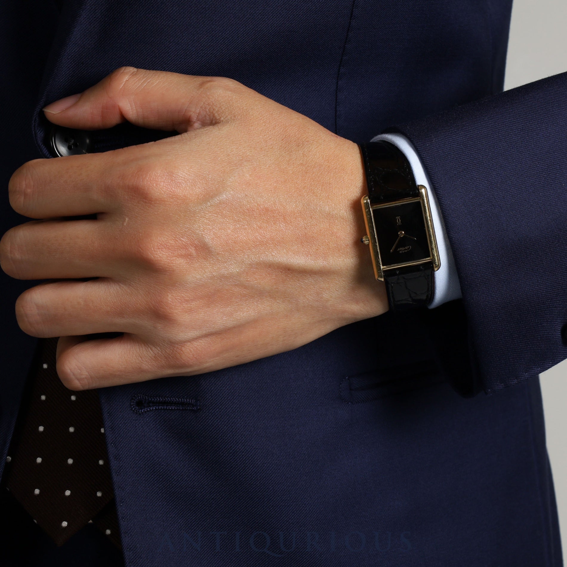 Cartier Must Tank LM 6 81006 Quartz Cal.690 SV925 Leather Genuine Buckle (GP) Onyx Dial Overhauled and Finished to Like New