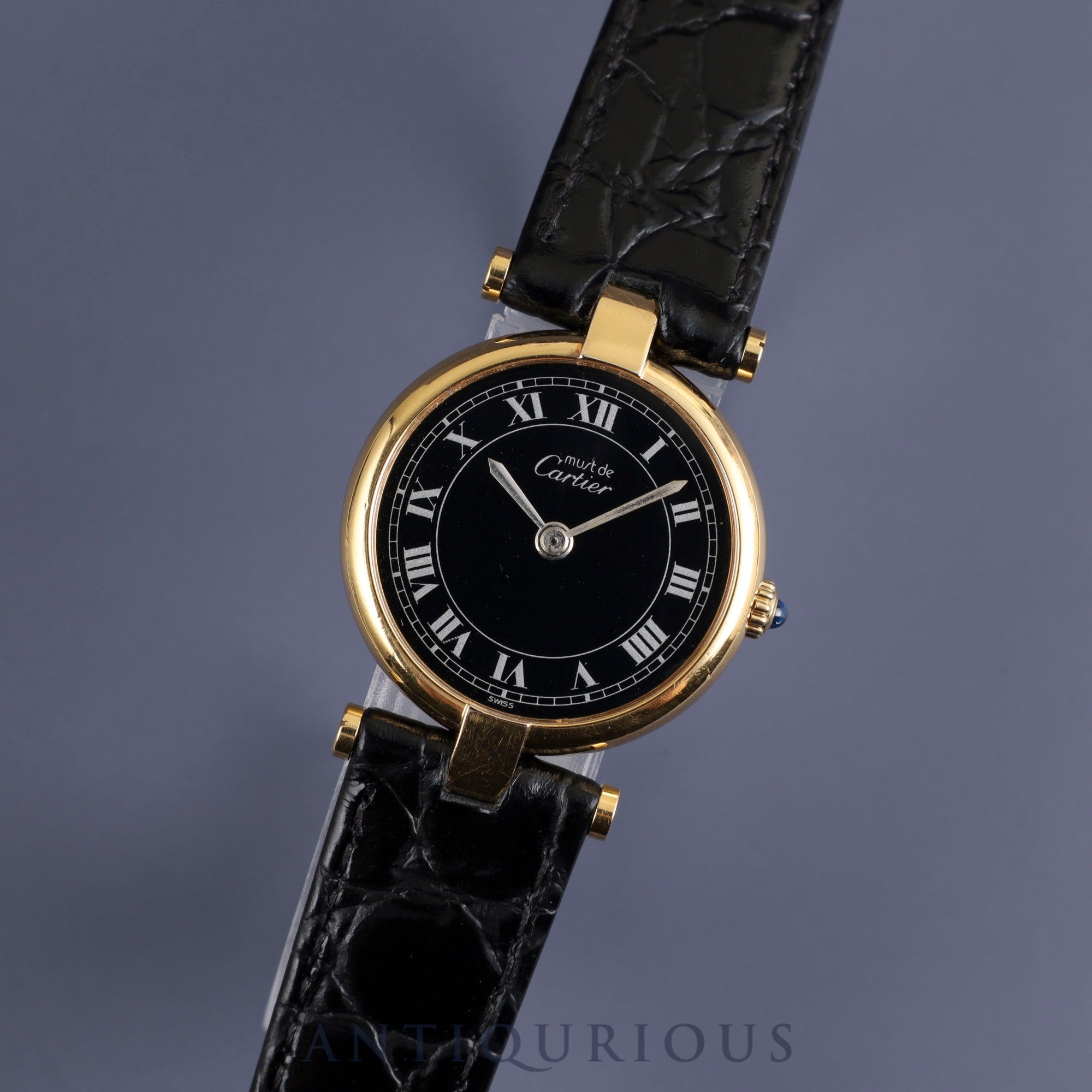 Cartier Must Vendome VLC SM 84978913 Quartz Cal.81 SV925 Leather Genuine Buckle (GP) Black Roman Dial Warranty (1983) Overhauled