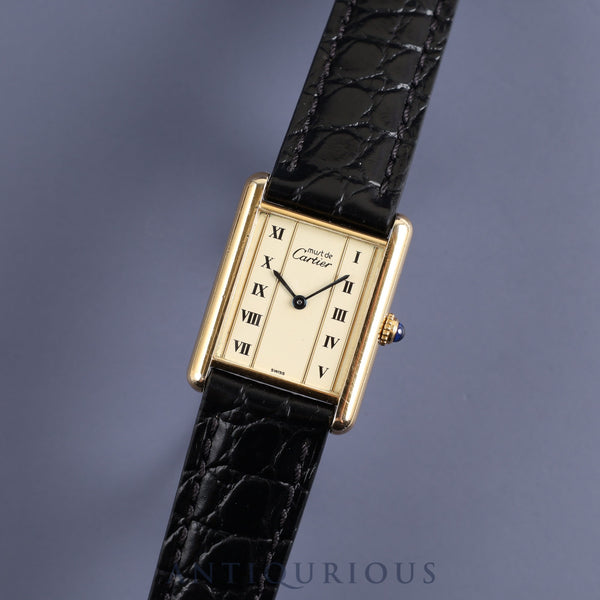 Cartier Must Tank LM W1002653 / 1615 Quartz Cal.690 SV925 Leather Genuine Buckle (GP) Straight Roman Dial Overhauled and Finished to Like New