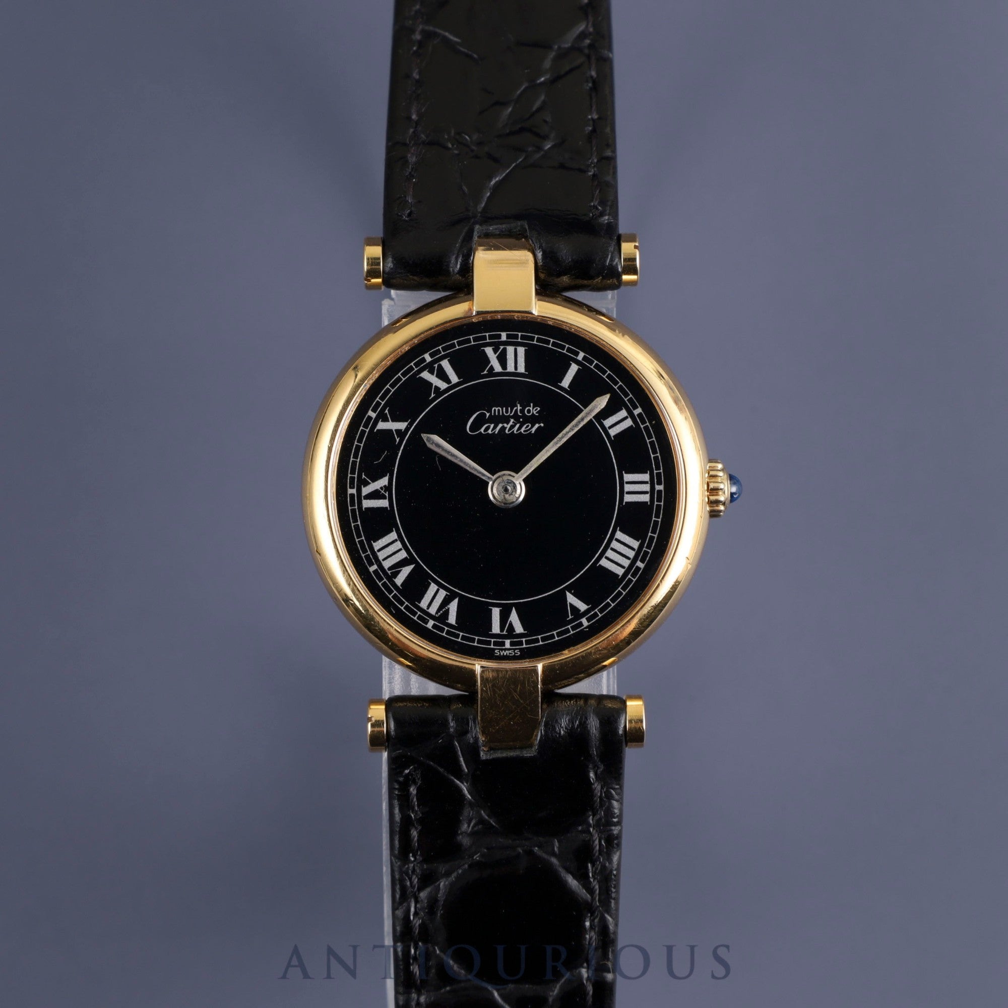 Cartier Must Vendome VLC SM 84978913 Quartz Cal.81 SV925 Leather Genuine Buckle (GP) Black Roman Dial Warranty (1983) Overhauled