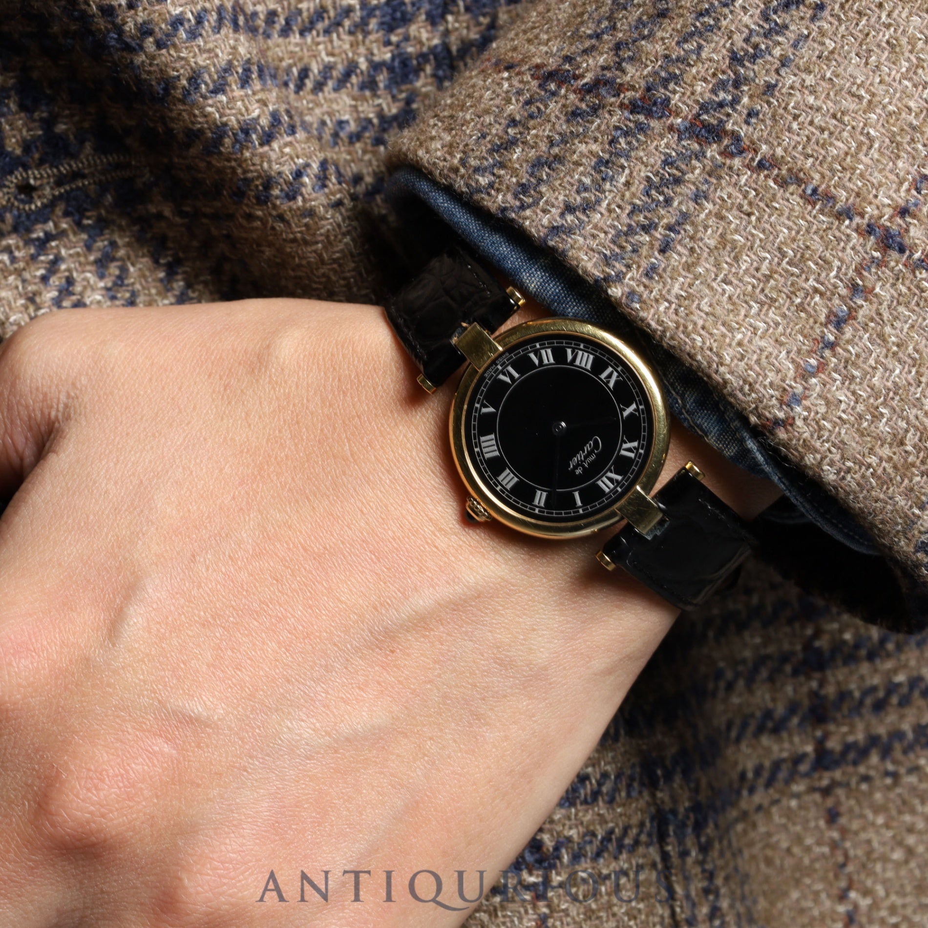 カルティエマスト ヴァンドーム VLC LM 83978913 クォーツ SV925 革 純正尾錠(GP) ブラックローマン文字盤 保証書(1987年) カルティエブティックにてコンプリートサービス(フルメンテナンス)済み