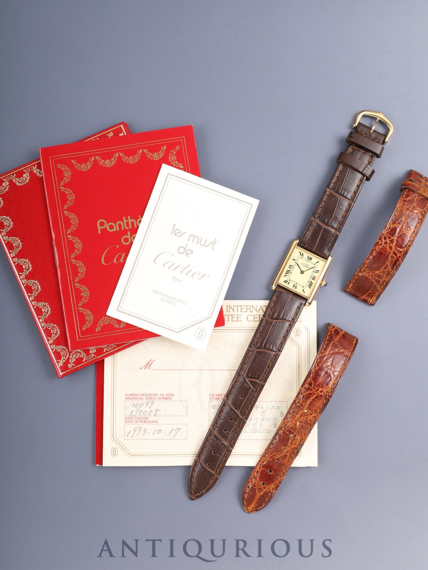 Cartier Must Tank LM 590005, Quartz, Caliber 690, SV925, Leather, Genuine GP Buckle, Ivory Roman Dial (SWISS Marking), Circa 1982-1995, Booklet, Warranty Card (1993), Cartier Repair Details (Complete Service / 2005), Overhauled