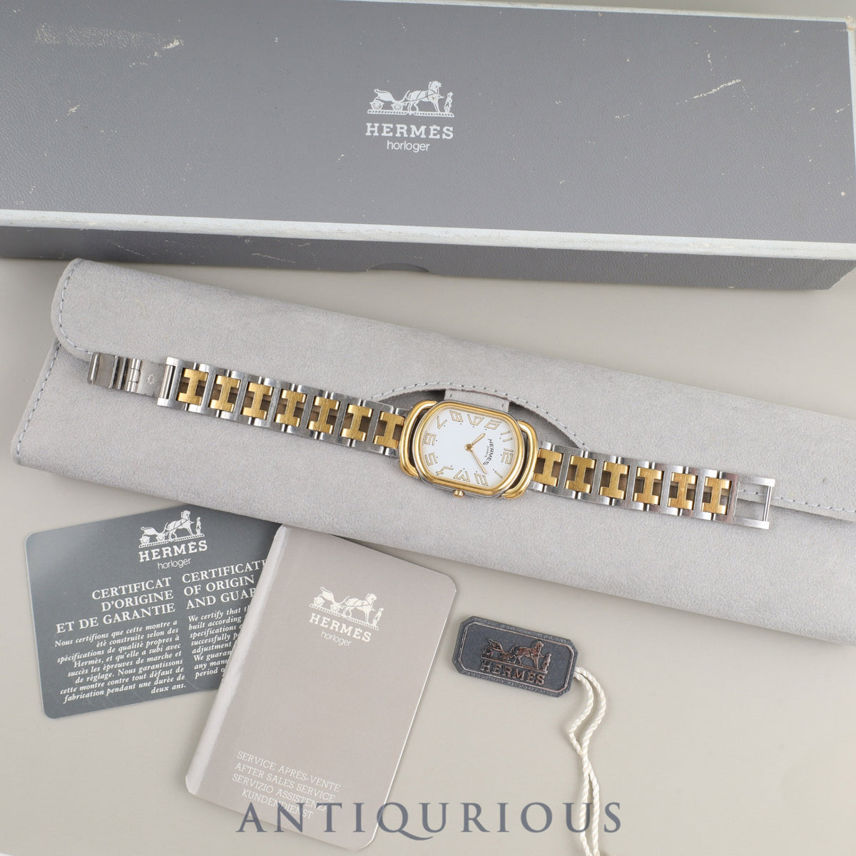 Hermes Rally 76.03 Quartz Cal.256.041 SS/GP SS/GP White Dial Box Warranty Booklet Tag Overhauled