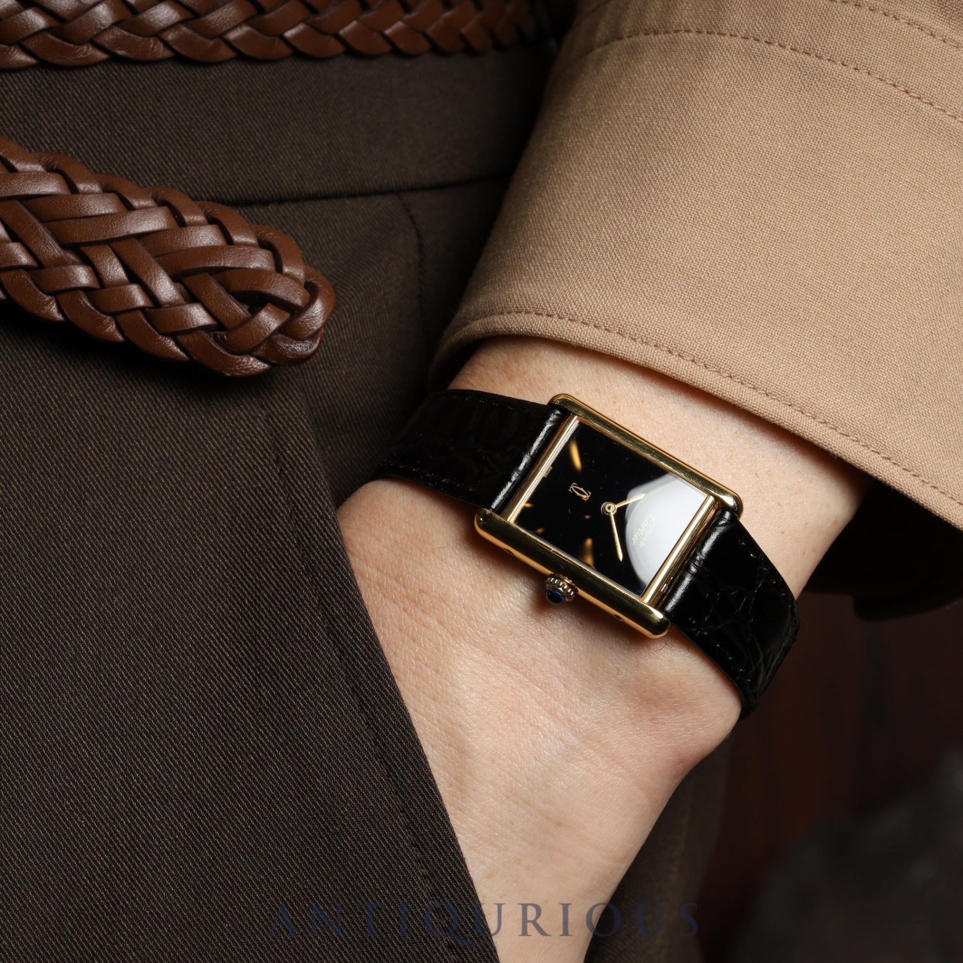 カルティエ マストタンク LM 手巻き Cal.78-1 SV925 革 純正尾錠(GP) オニキス文字盤 オーバーホール済み 新品仕上げ済み