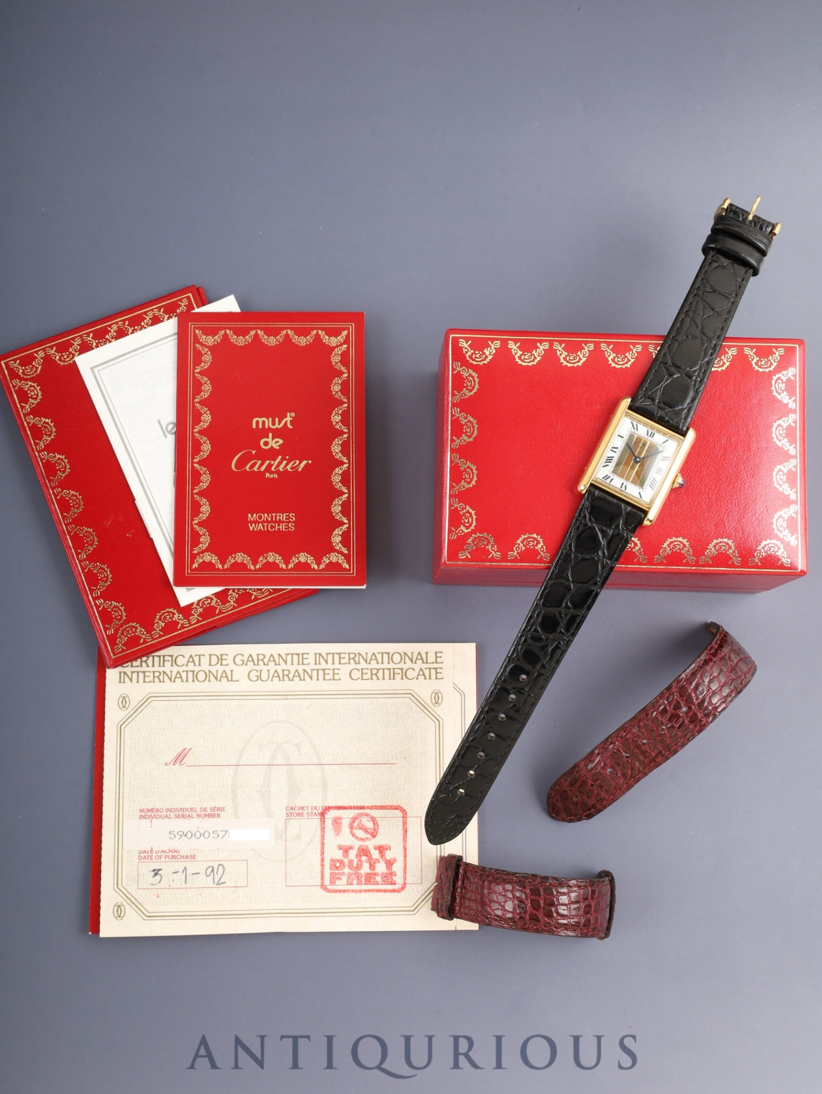 Cartier Must Tank LM 590005 Quartz Cal.90 SV925 Leather Original pin buckle (GP) Front Trinity dial (SWISS表記) Box Warranty (1992) Booklet Original leather strap Overhauled