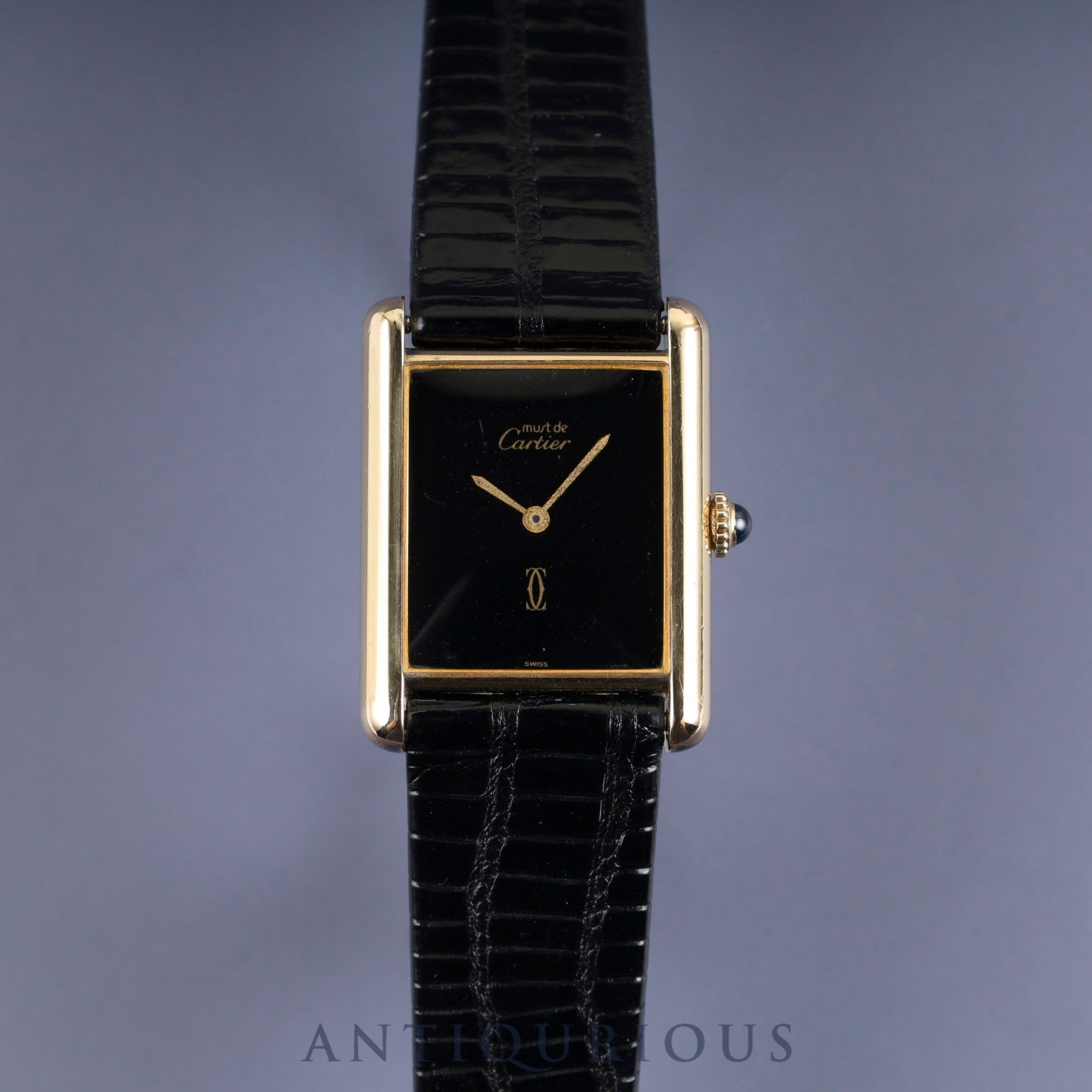 Cartier Must Tank LM Manual Winding Cal. 78-1 SV925 Leather Strap Genuine Buckle (GP) Onyx Dial Box Overhauled