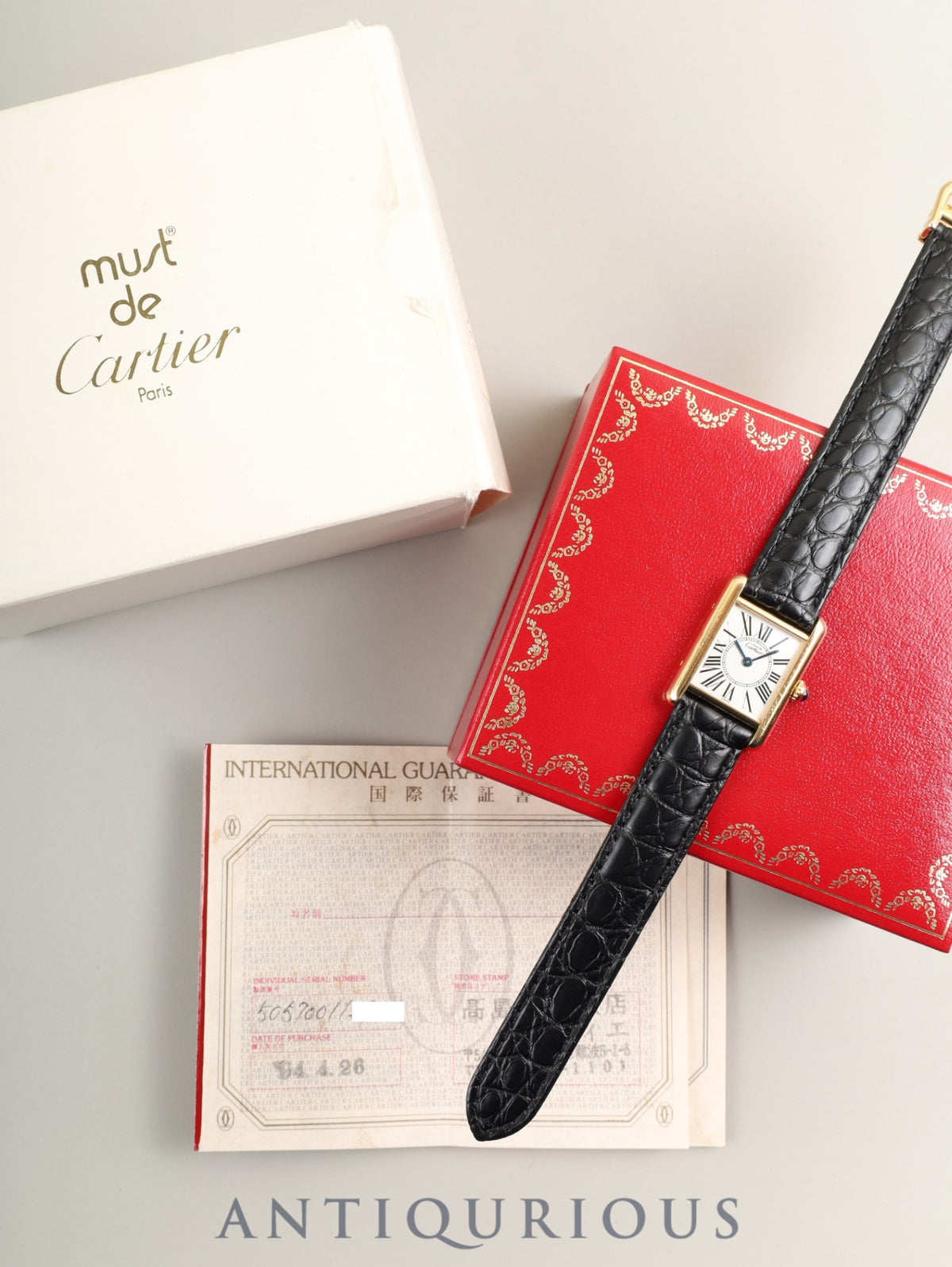 Cartier Must Tank SM 5057001 Quartz Cal. 057 SV925 Leather Genuine D-buckle (GP) Opalescent dial (SWISS markings) Box Warranty (1994) Complete service overhauled at a Cartier boutique on January 2, 2019