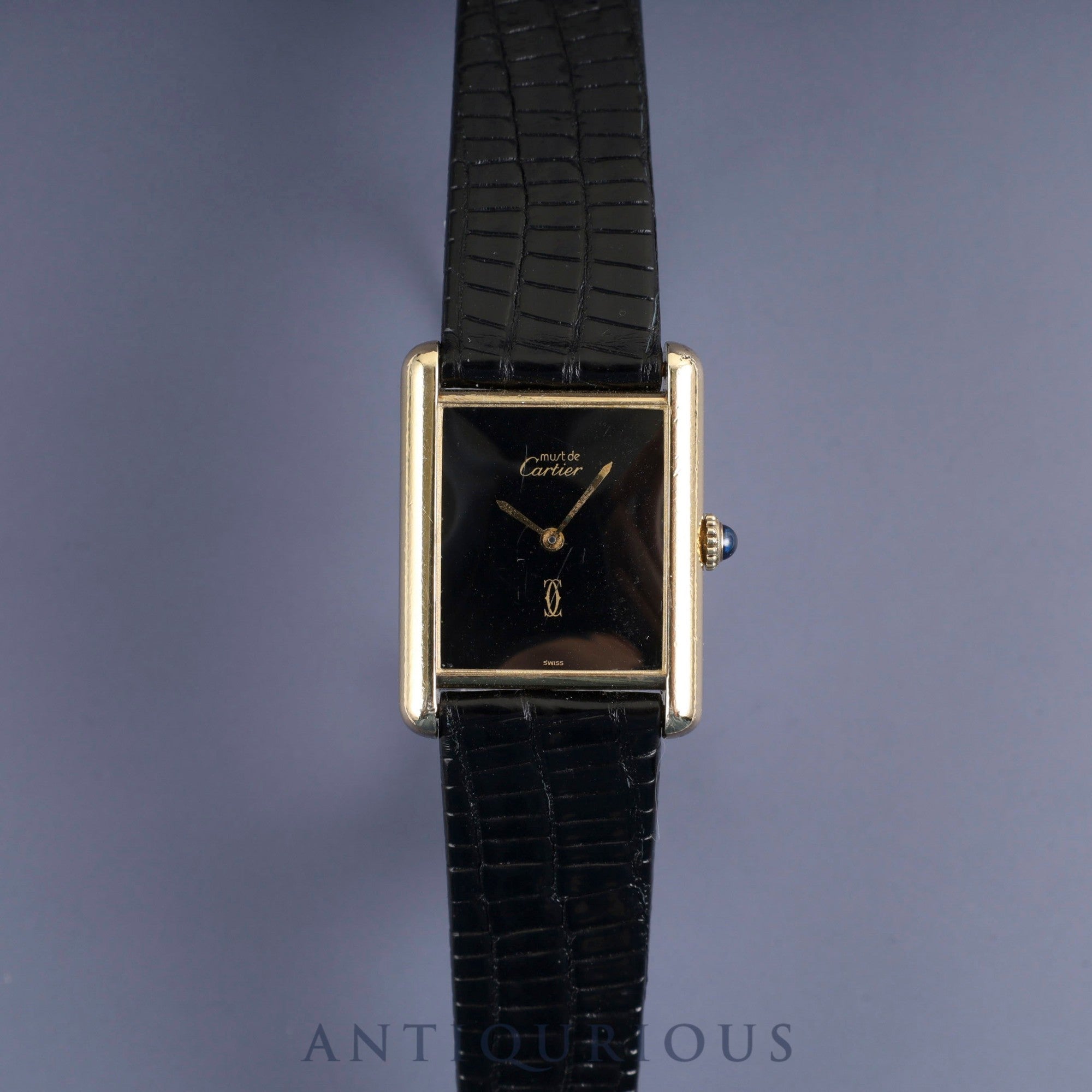 Cartier Must Tank LM Manual Winding Caliber 78-1 SV925 Leather Strap with Genuine GP Buckle, Onyx Dial, Circa 1976-1981, Overhauled