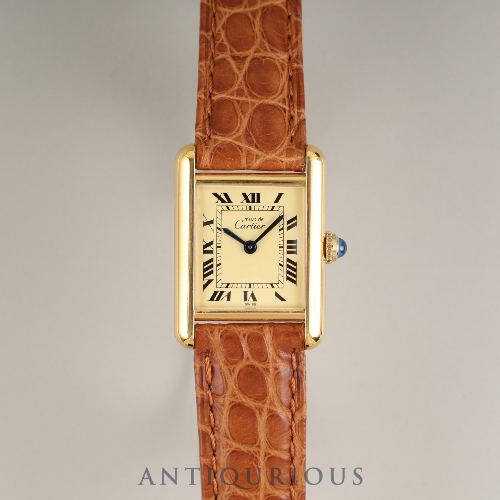 Cartier Must Tank SM 5057001 Quartz Caliber 057 SV925 Leather Strap with Genuine GP Buckle Ivory Roman Dial Overhauled and Finished to Look Like New