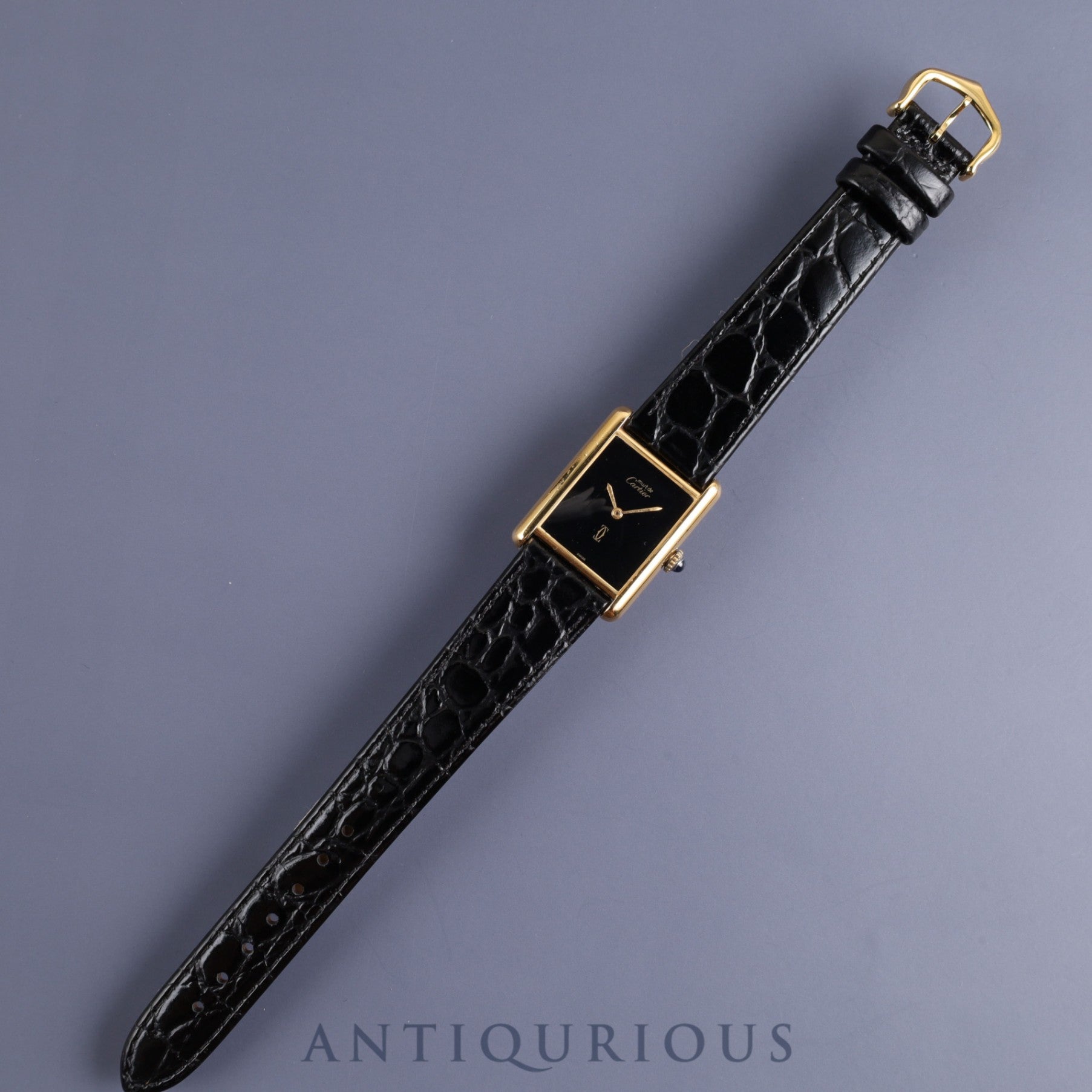 カルティエ マストタンク LM 手巻き Cal.78-1 SV925 革 純正尾錠(GP)ブラックオニキス文字盤 オーバーホール済み 新品仕上げ済み