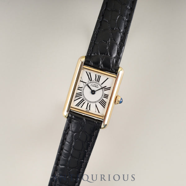 Cartier Must Tank SM 5057001 Quartz Caliber 057 SV925 Leather Strap with Genuine D-Clasp (GP) Clasp, Opalescent Dial, Circa 1982-Circa 1995, Overhauled