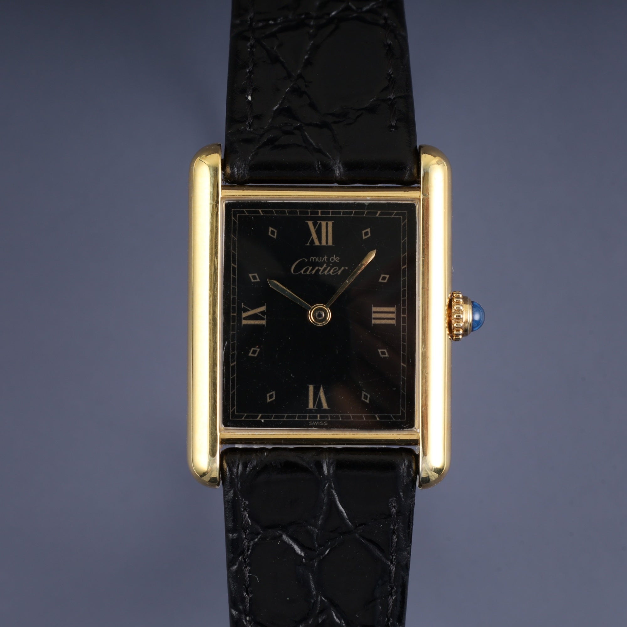 Cartier Must Tank LM 590005 Quartz Caliber 90 SV925 Leather Strap with Genuine GP Buckle, Black Roman Dial, Overhauled and Finished to Look Like New