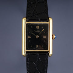 Cartier Must Tank LM 590005 Quartz Caliber 90 SV925 Leather Strap with Genuine GP Buckle, Black Roman Dial, Overhauled and Finished to Look Like New