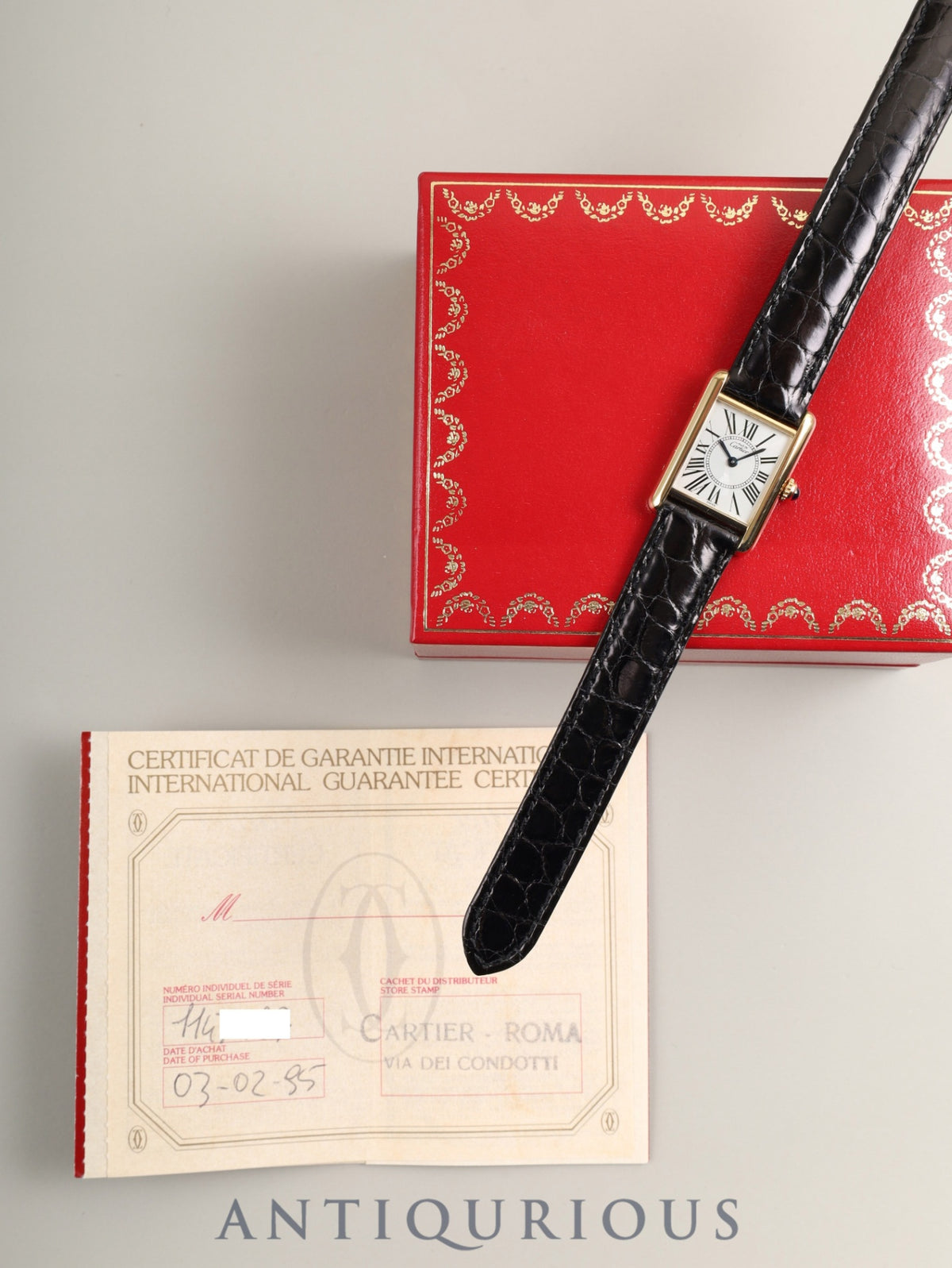 Cartier Must Tank SM 5057001 Quartz Caliber - SV925 Leather Watch with Genuine D-buckle (GP) Opalescent Dial (SWISS Markings) Box, Booklet, Warranty Card (1995) Completely Serviced at a Cartier Boutique