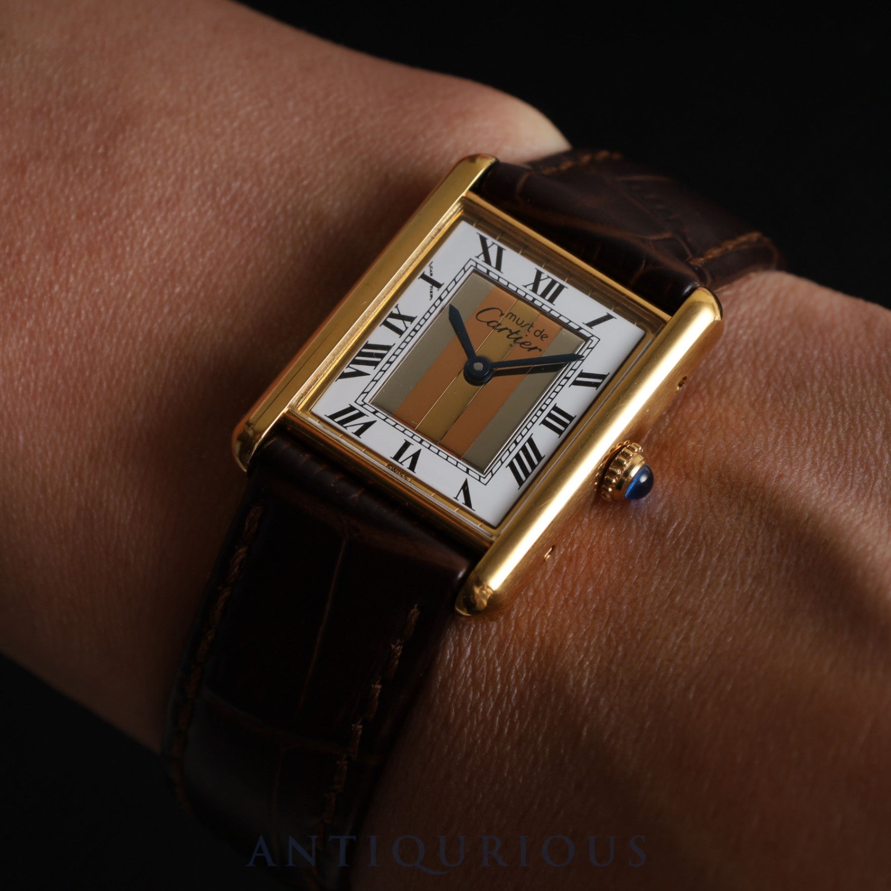Cartier Must Tank LM 590005 Quartz SV925 Leather Genuine Buckle (GP) Front Trinity Dial Box Booklet Warranty (1990) Complete service completed at Cartier boutique