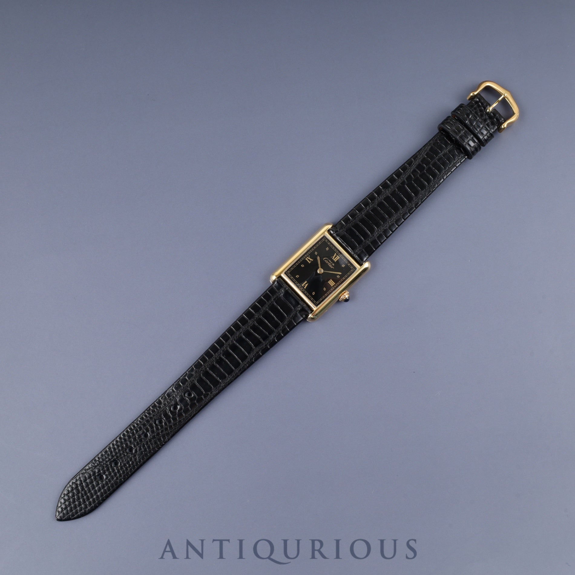 Cartier Must Tank LM 590005 Quartz Caliber 90 SV925 Leather Strap with Genuine GP Buckle, Black Roman Dial, Overhauled and Finished to Look Like New