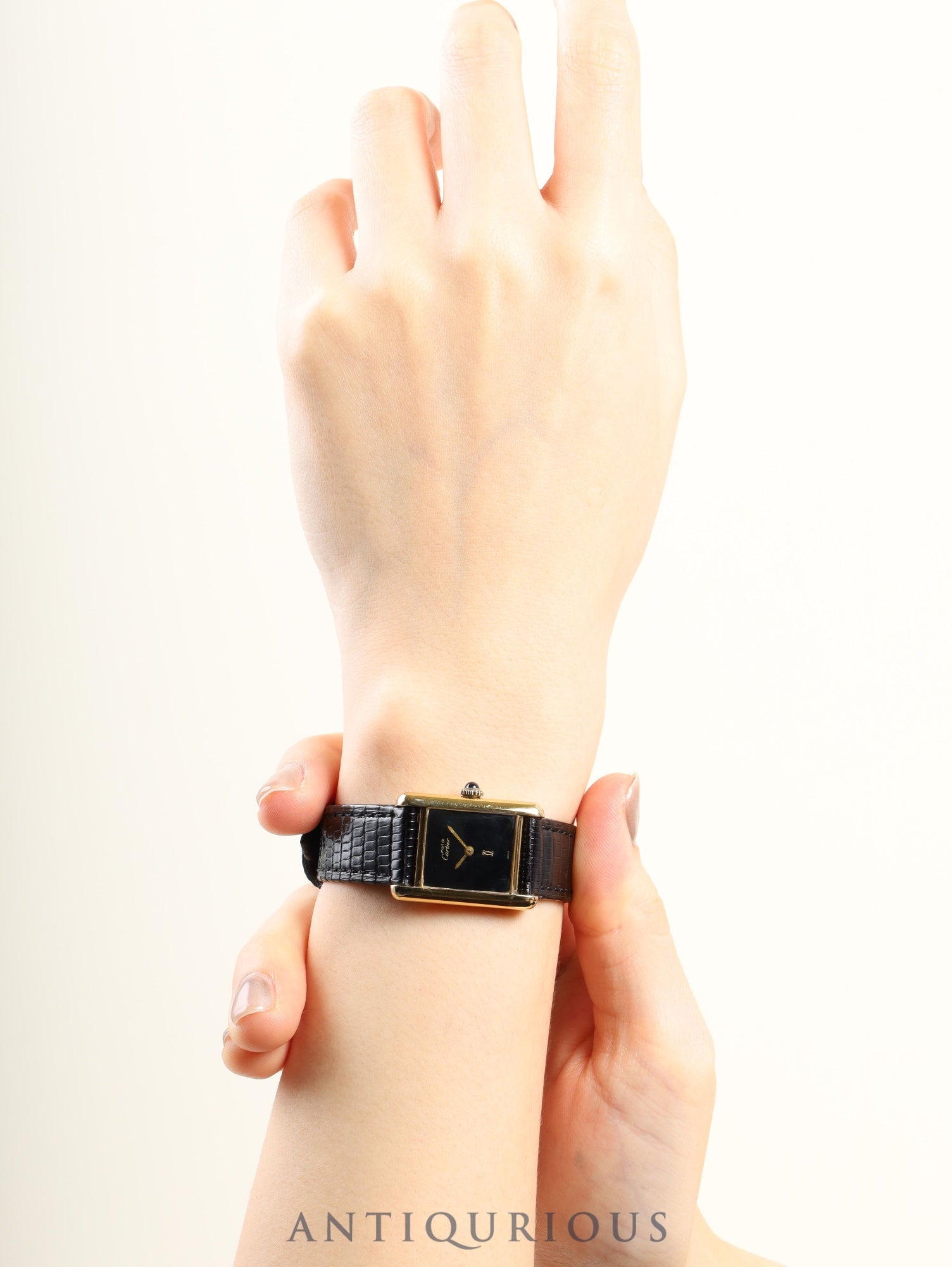 Cartier Must Tank SM Manual Winding Caliber 78-1 SV925 Leather Strap with Genuine GP Buckle, Onyx Dial (SWISS Marking), Overhauled