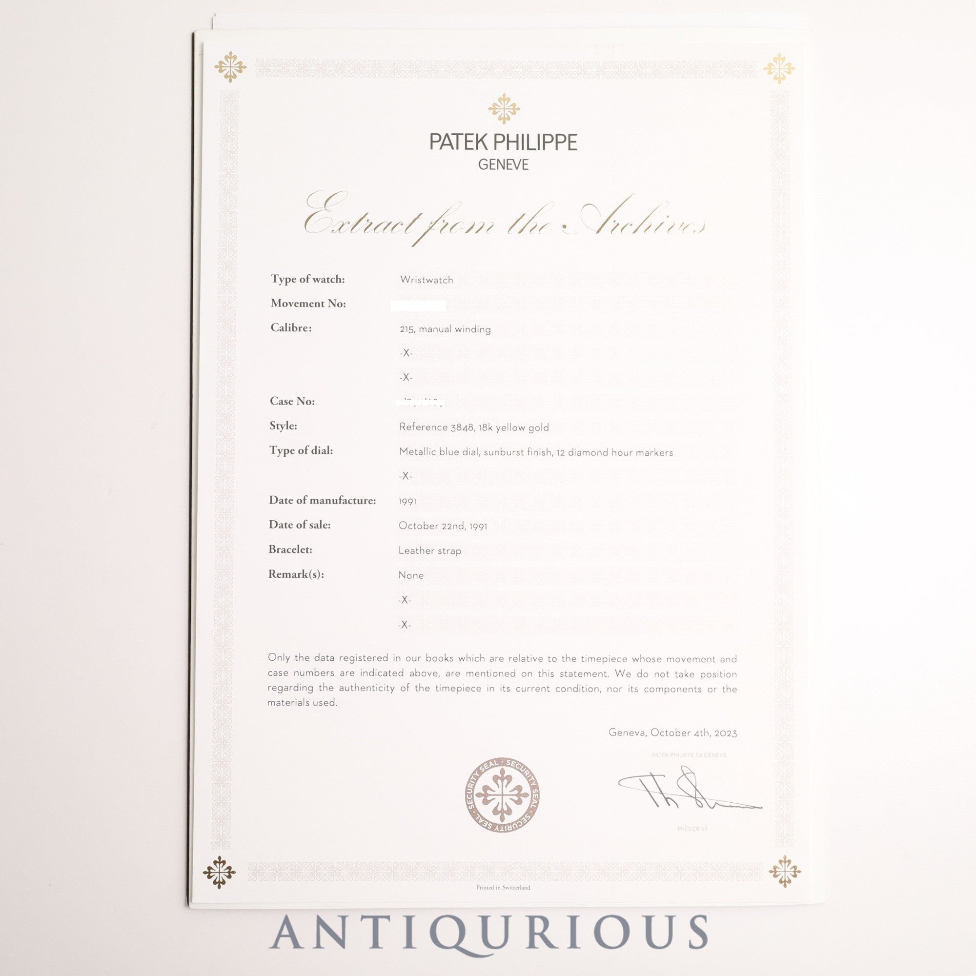 パテック・フィリップ ゴールデンエリプス 3848J-062 手巻き Cal.215 750YG 純正革ベルト 純正尾錠(750)ダイヤ12Pブルー文字盤 箱 アーカイブ(1991年)