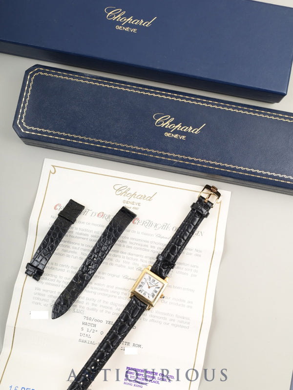 ショパール クラシック スクエア 12/7366 クォーツ Cal.976.001 750YG 革 純正尾錠(GP) ホワイトローマン文字盤 箱 冊子 保証書(2001年)純正ベルト オーバーホール済み