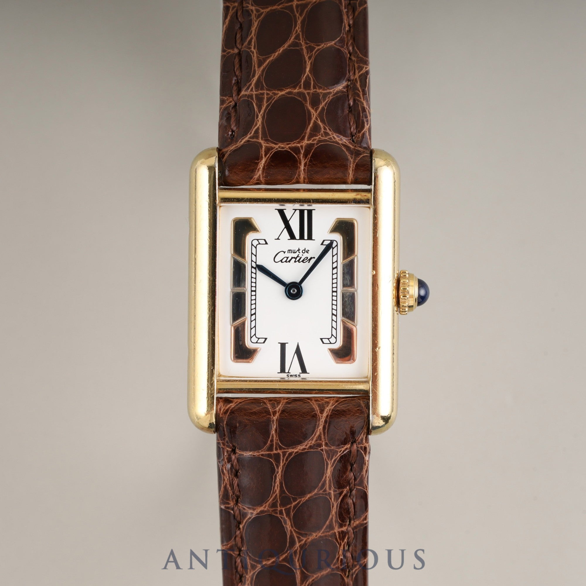 Cartier Must Tank SM 5057001 Quartz Caliber 057 SV925 Leather Strap with Genuine D-Buckle (GP) Side Trinity Dial Circa 1982-Circa 1995 Overhauled