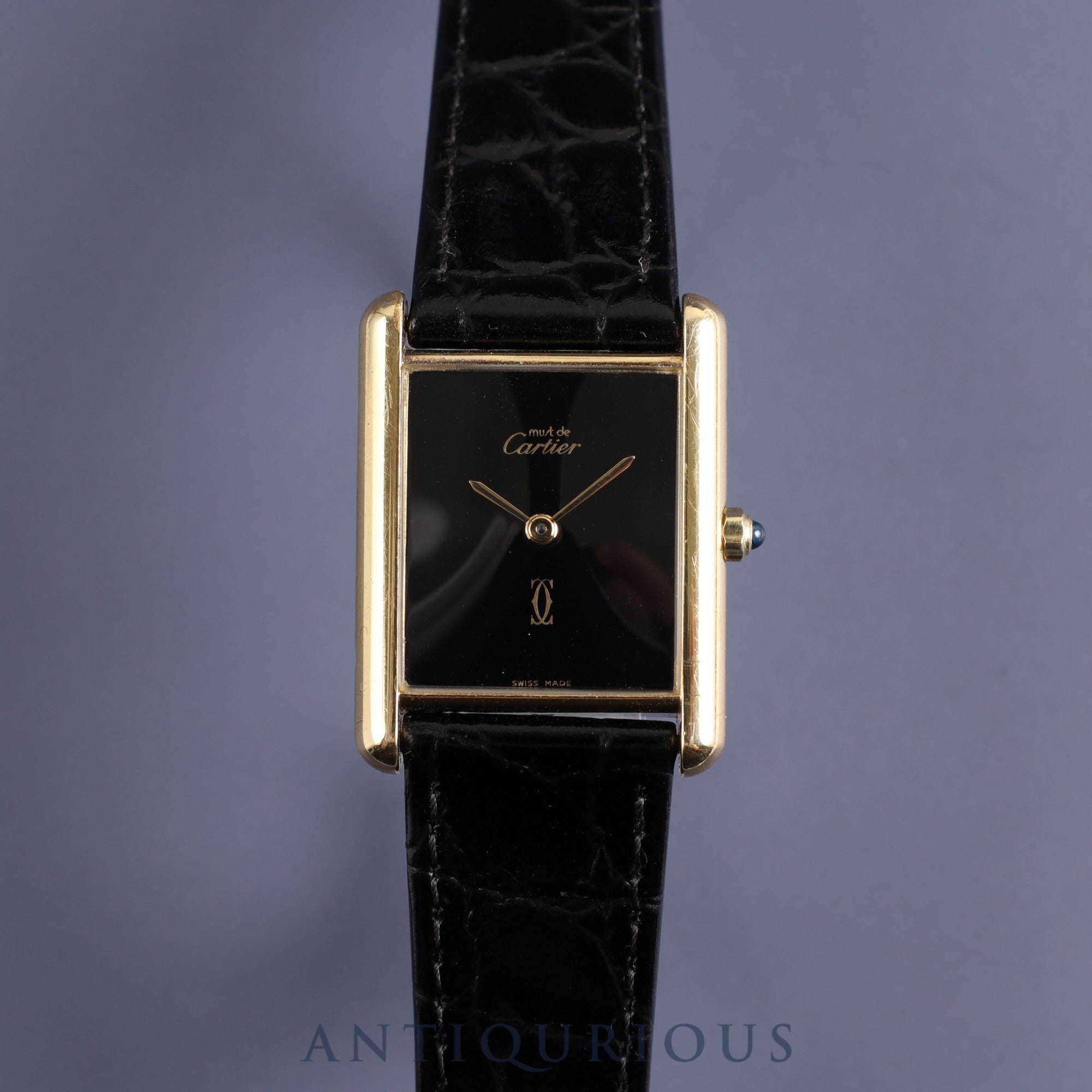 Cartier Must Tank LM 6 81006 Quartz Cal.690 SV925 Leather Genuine Buckle (GP) Onyx Dial Overhauled and Finished to Like New