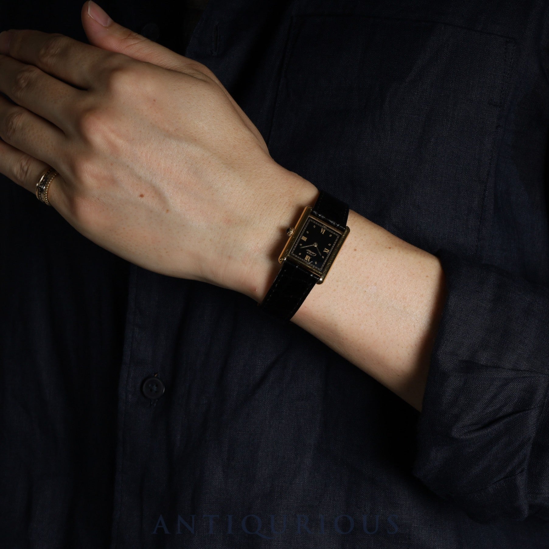 Cartier Must Tank LM 590005 Quartz Caliber 90 SV925 Leather Strap with Genuine GP Buckle, Black Roman Dial, Overhauled