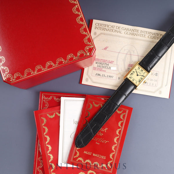Cartier Must Tank LM 1615 / W1002754 Quartz Cal.90 SV925 Leather Genuine D-buckle (GP) Ivory Roman dial Box Booklet Warranty (1997)
