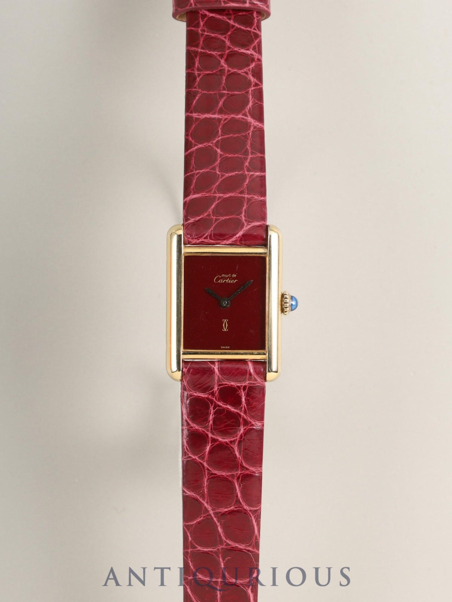 カルティエ マストタンク SM 82975613 手巻き Cal.78-1 革 純正尾錠(GP) ガーネットダイアル ボルドー文字盤(SWISS表記) 箱 保証書(1981年)オーバーホール済み