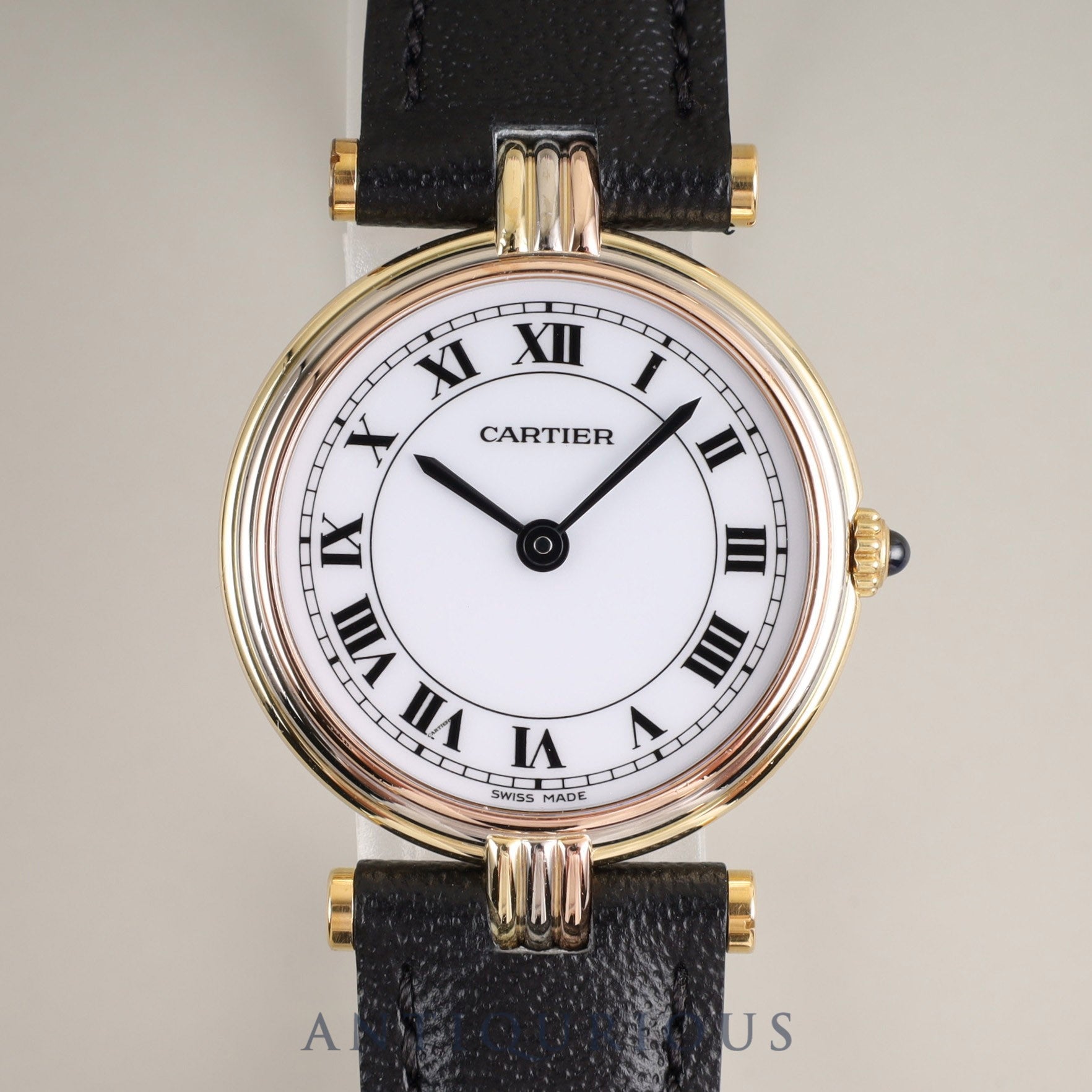 Cartier Vendôme VLC SM Trinity 81004 Quartz 750 Leather Watch with Genuine GP Buckle, White Roman Dial, Completely Serviced at a Cartier Boutique