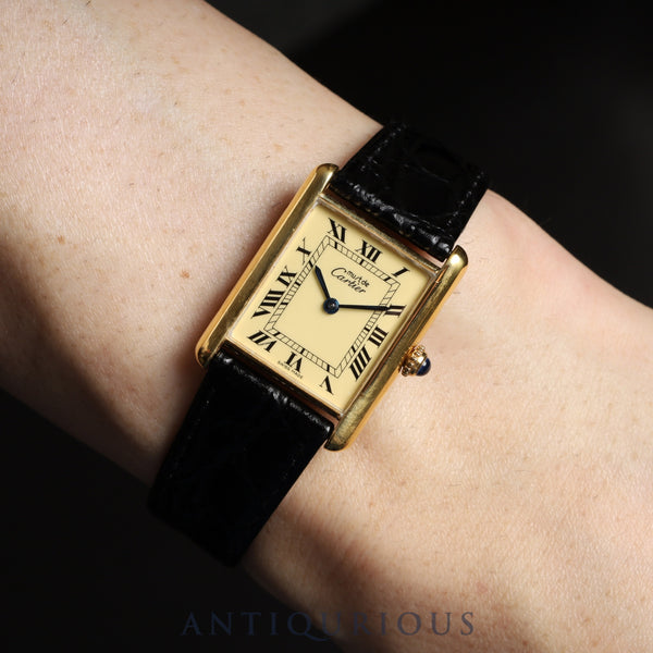 Cartier Must Tank LM W1002753 / 590005 Quartz Cal.- SV925 Leather Genuine Buckle Ivory Roman Dial Warranty 1990 Complete Service Finished