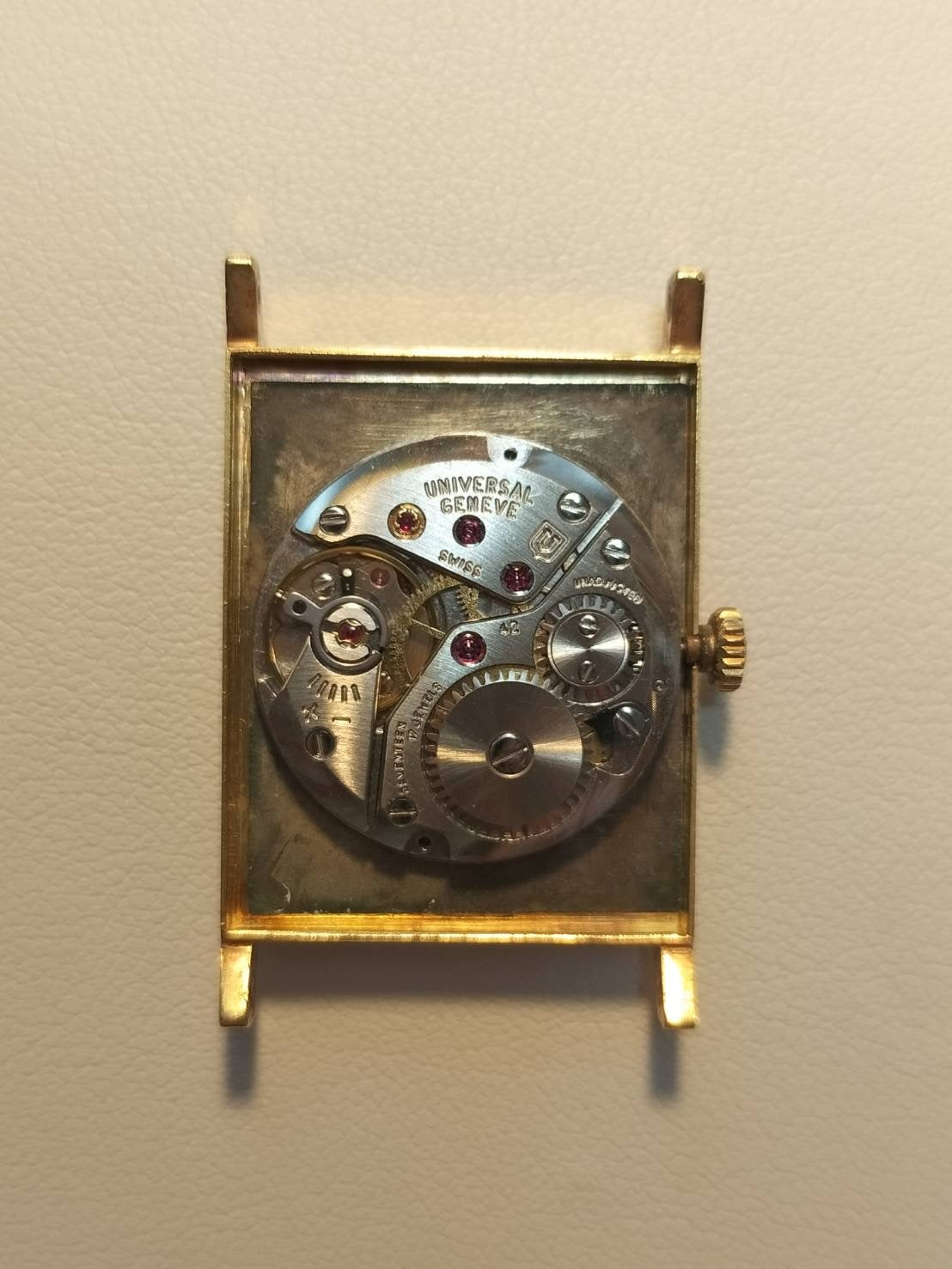 Universal Genève Rectangular Hand-Wound Cal.42 750YG Leather Strap with Genuine GP Buckle, White Roman Dial, Overhauled