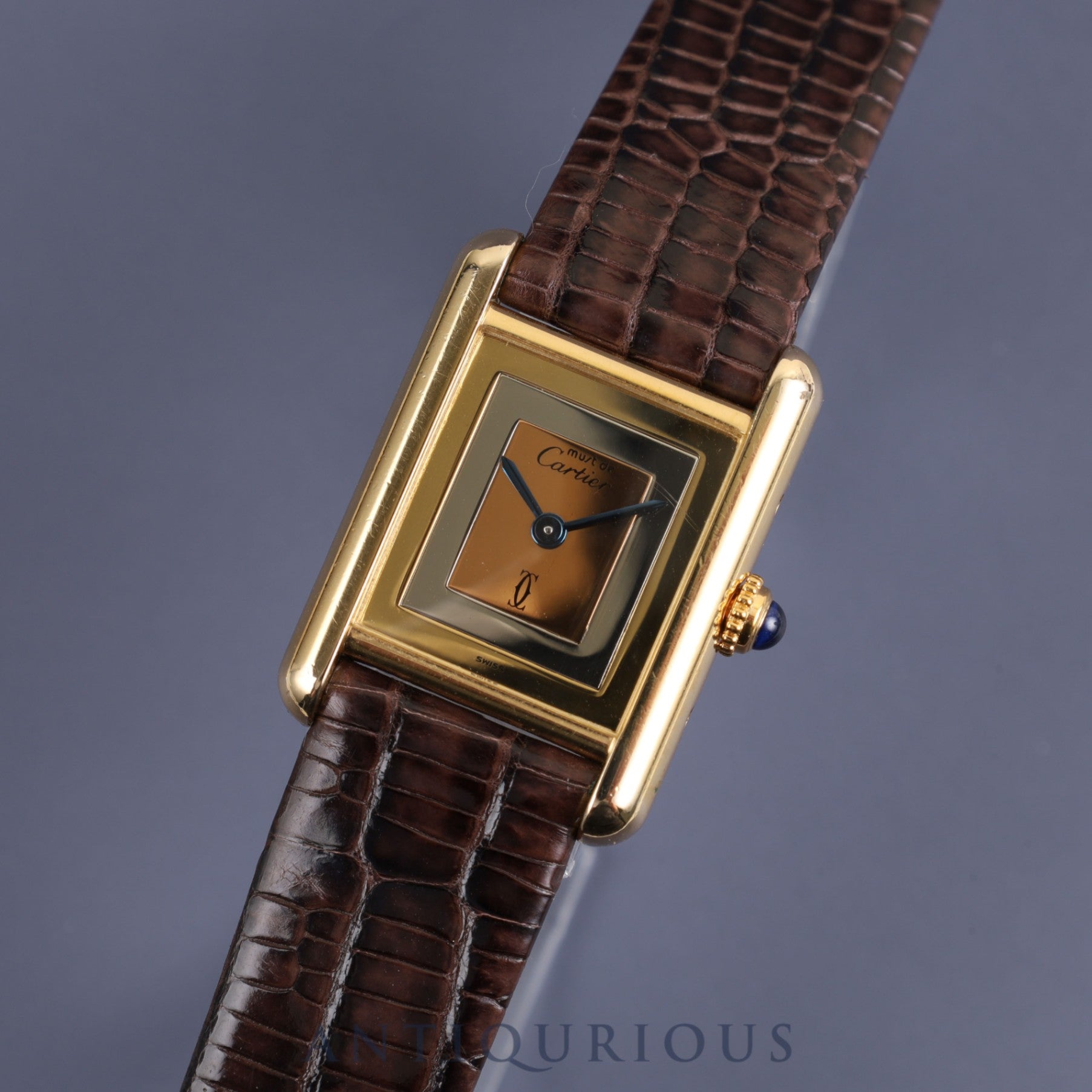 Cartier Must Tank SM 4919123 / 3 66001 Quartz Caliber 057 SV925 Leather Strap with Genuine GP Buckle, Square Trinity Dial, Box, Warranty Card, Overhauled