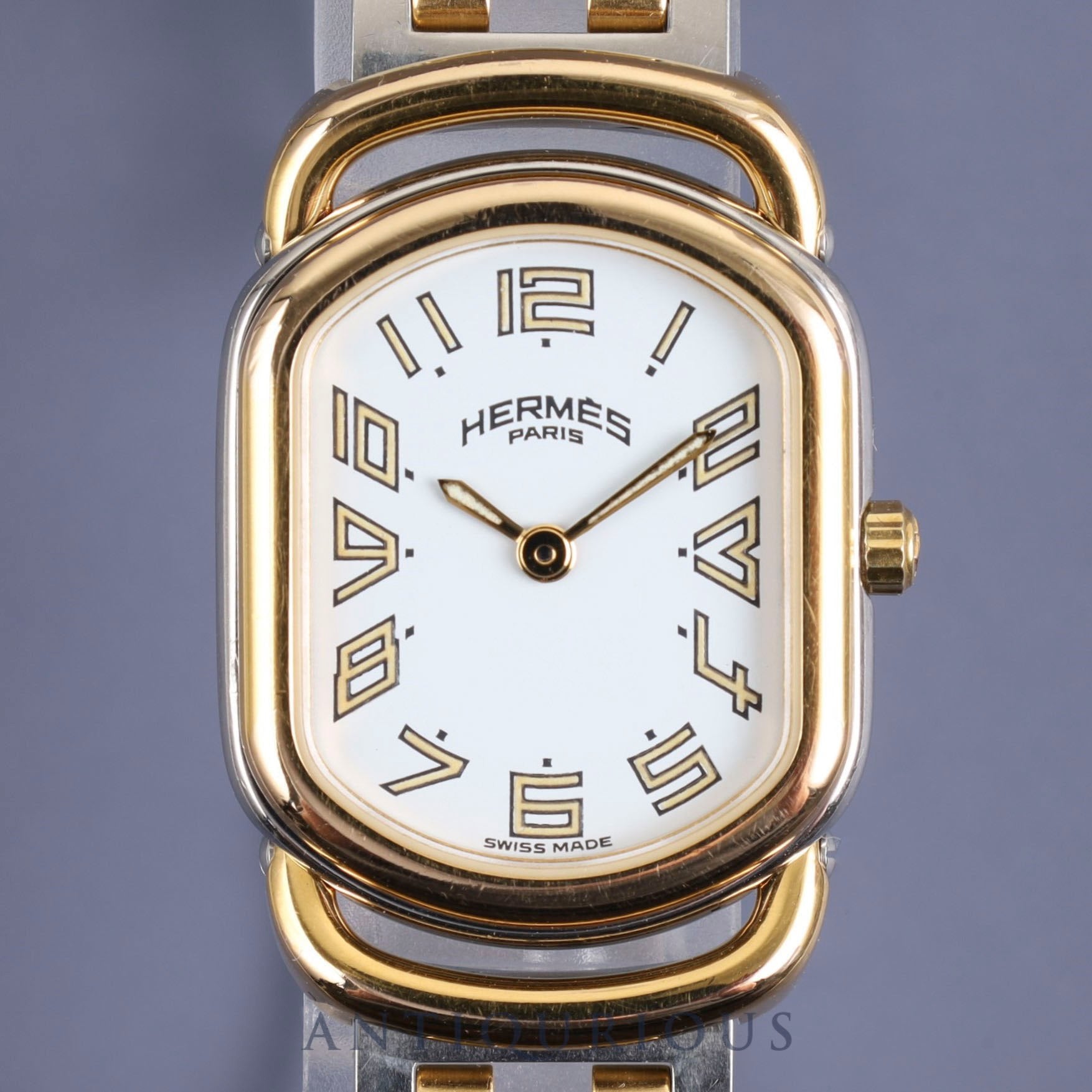 Hermes Rally 770301-4 Quartz Cal.976 001 SS/GP White Dial Warranty (1995) Box Overhauled