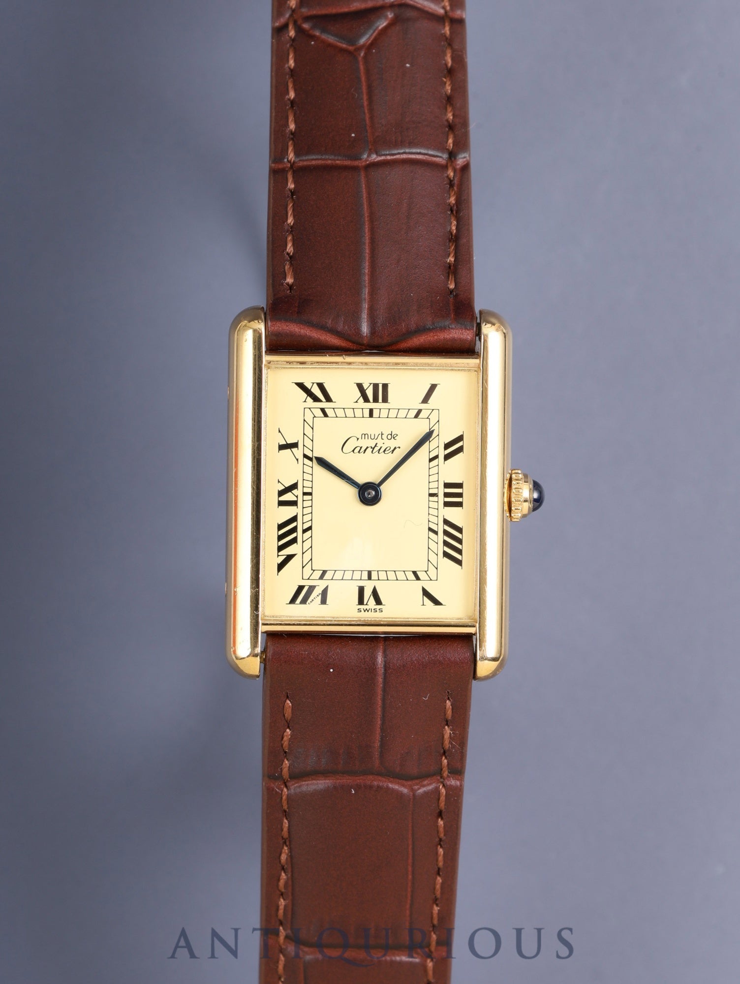 カルティエ マストタンク LM 590005 クォーツ Cal.90 SV925 革 純正尾錠(GP)アイボリーローマン文字盤(SWISS表記) オーバーホール済み