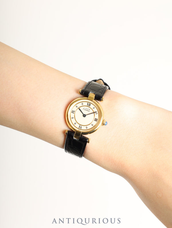 Cartier Must Vendôme VLC SM 590004 Quartz Caliber 690 SV925 Leather Strap with Genuine GP Buckle Ivory 4-Piece Roman Dial Box Booklet Warranty (1993) Overhauled