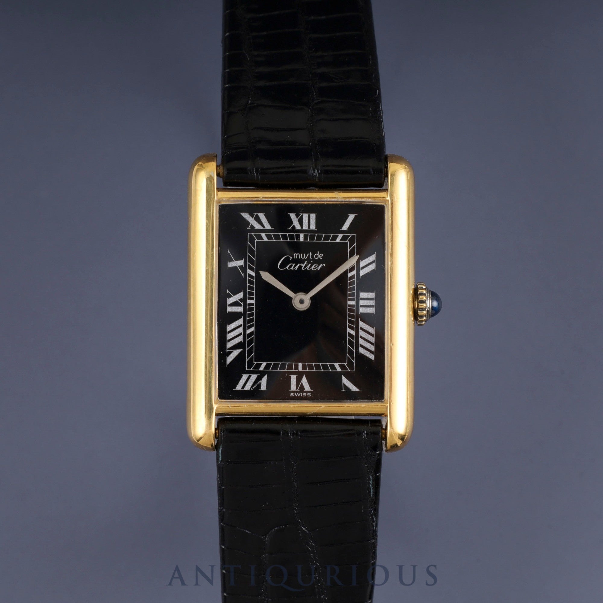 カルティエ マストタンク LM 手巻き Cal.78-1 SV925 革 純正尾錠 (GP)ブラックローマン文字盤 オーバーホール済み 新品仕上げ済み