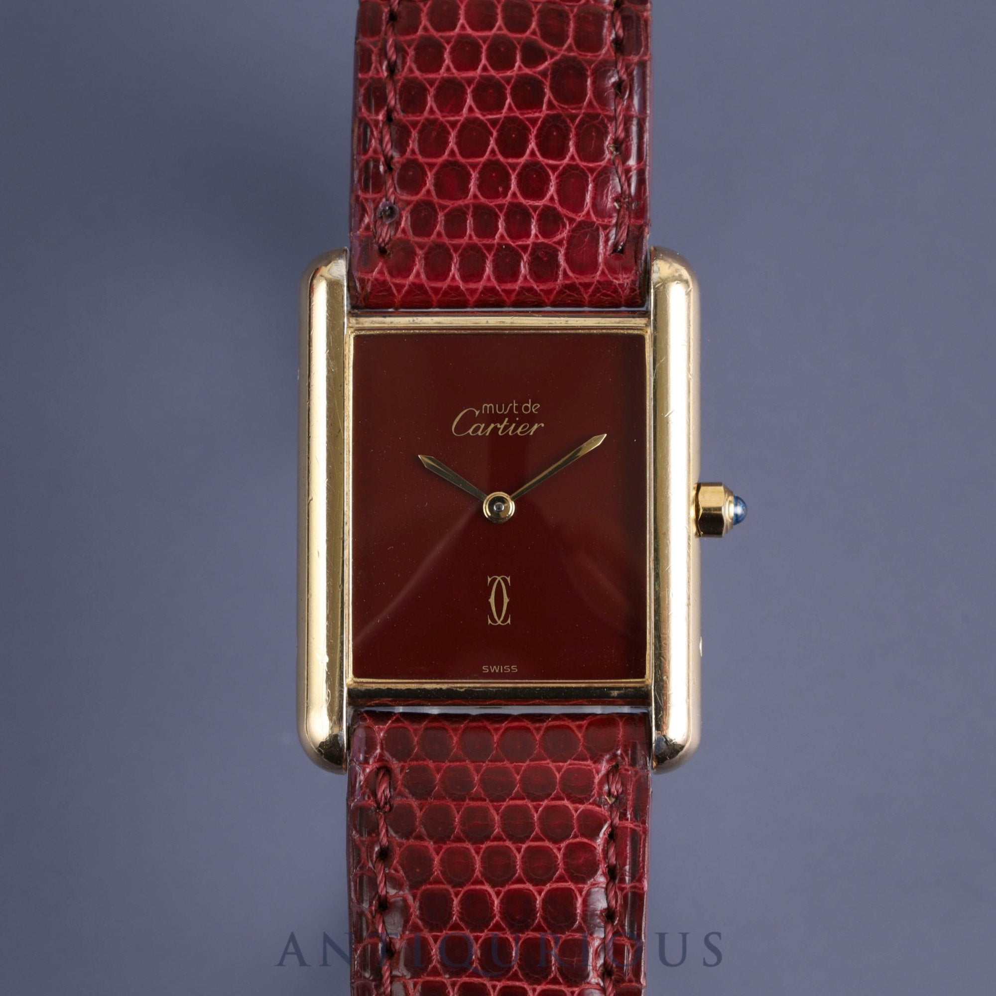 カルティエ マストタンク LM 681006 クォーツ Cal.81 SV925 純正革ベルト 純正尾錠(GP) ボルドー文字盤 箱 冊子 オーバーホール済み