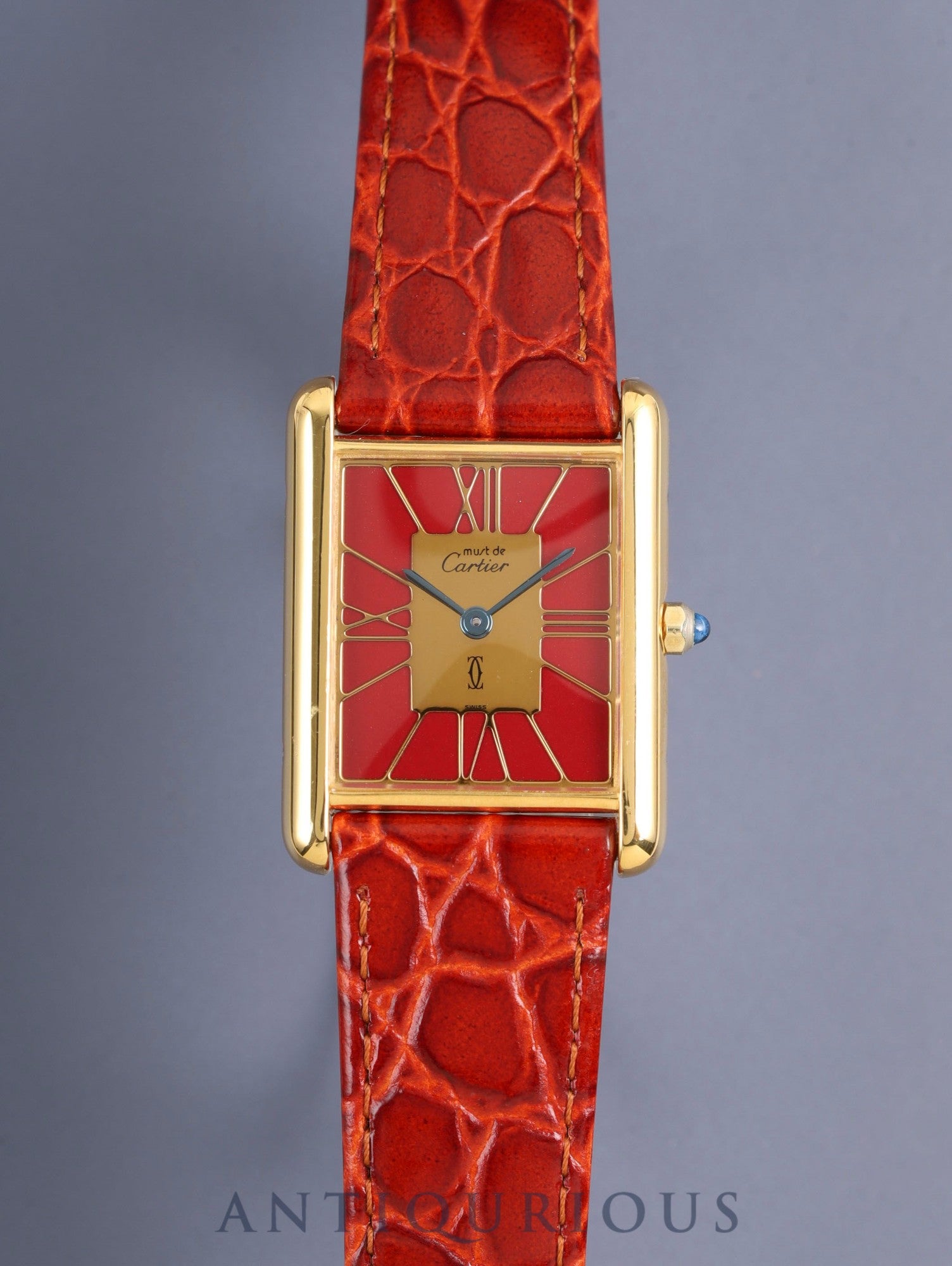Cartier Must Tank LM 3919423 / 6 81006 Quartz Cal.81 SV925 Leather Genuine Pin Buckle (GP) Garnet Cloisonné Dial (SWISS) Warranty (1989) Booklet Overhauled Polished