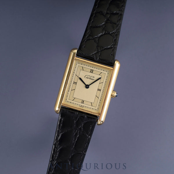 Cartier Must Tank LM 6 81006 Quartz Cal.81 SV925 Leather Genuine Buckle (GP) Gold Flying Roman Dial Overhauled