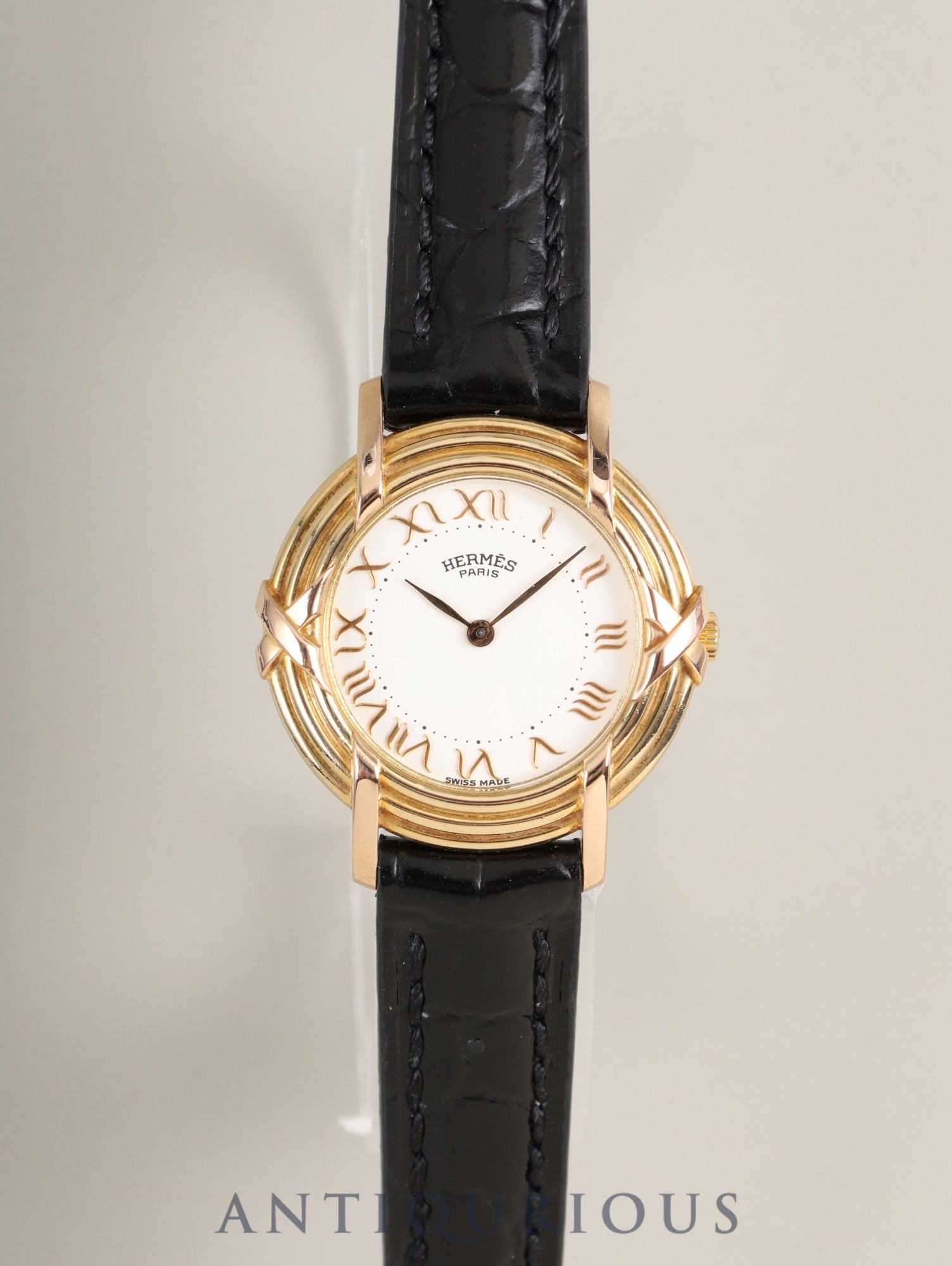 エルメス ルバン 06.32 クォーツ Cal.976.001 750YG 革 純正ピンバックル(GP)ホワイトローマン文字 オーバーホール済み