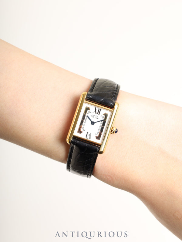 Cartier Must Tank SM 1613 Quartz Caliber 057 SV925 Leather Watch with Genuine D-Buckle (GP) and Side Trinity Dial (SWISS Markings), Circa 1982-1995, Box, Genuine Leather Strap, Overhauled